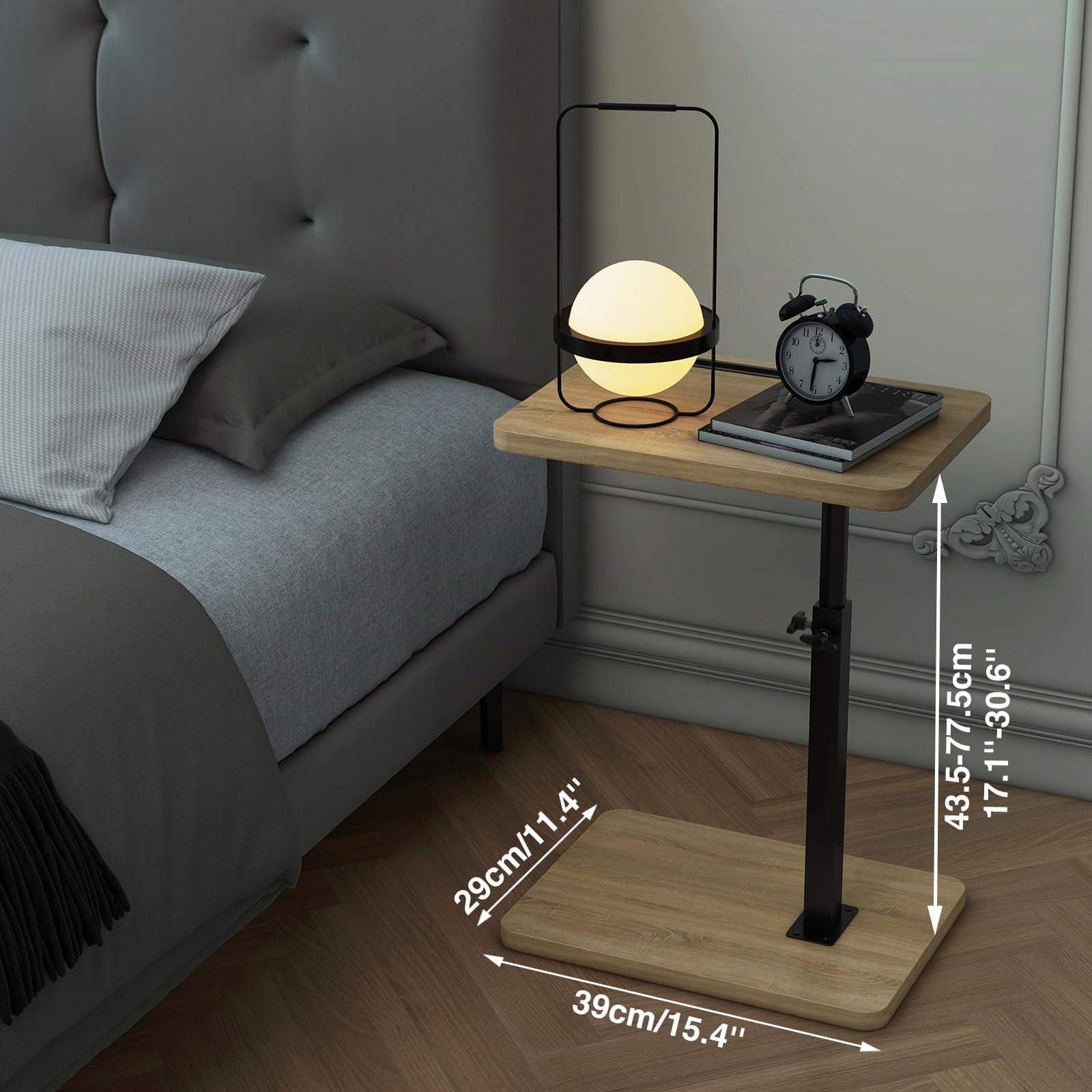 IBUYKE Tavolino a forma di C, girevole a 360° e regolabile in altezza, tavolino da caffè per spazi stretti, con slot per telefono e tablet, per soggiorno, camera da letto, naturale, TVT003R