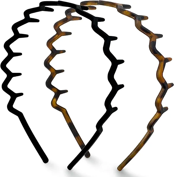 Kitsch Zig Zag Headbands for Women Non Slip – Fashion Accessories for Slicked Back Styles - Comfortable Comb Headband with Teeth - Recycled Plastic Tortoise & Black Headband - 2 pcs