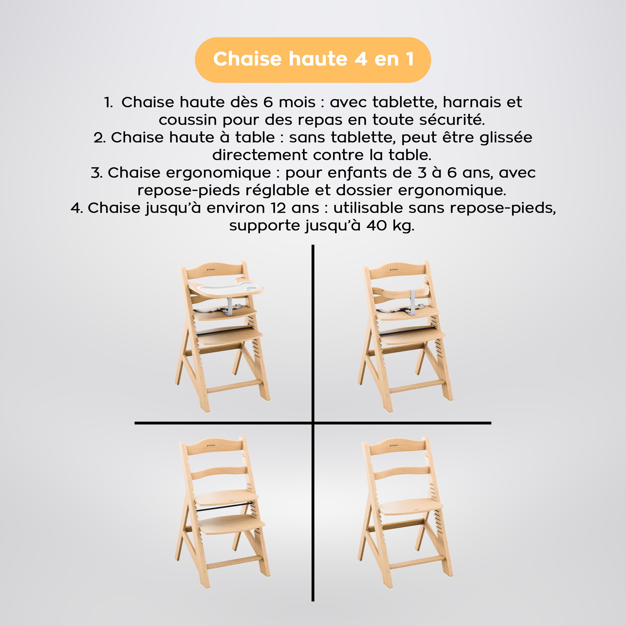 TULANO Morsel 40 Chaise Haute Évolutive 4en1 Bébé et Enfant | Réglable 12 Niveaux | Plateau Amovible | Coussin Imperméable | Harnais Sécurité | De 6 Mois à 12 Ans | Bois Naturel
