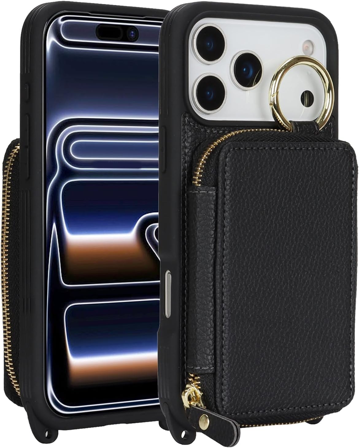 Crossbody Wallet Case for iPhone 17 Pro with Shoulder Stap,Finger Ring, PU Leather Zipper Handbag Purse Flip Cover, Kickstand Folio Case with Card Slots Holder 5G 6.3 Inch, Black