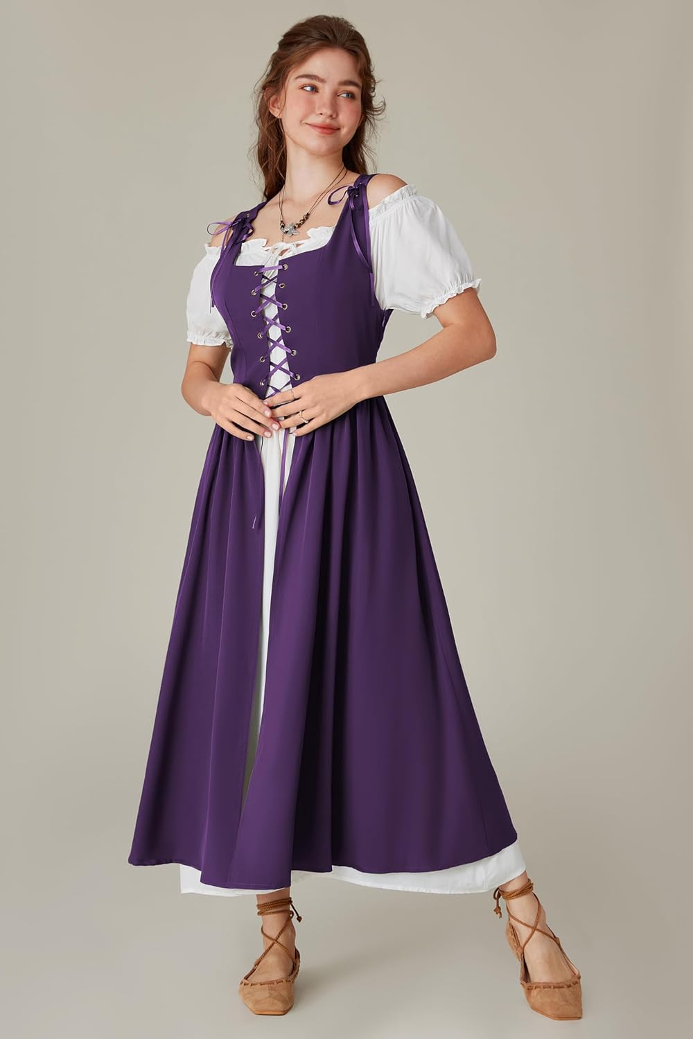 SCARLET DARKNESS Renaissance Costume Women Peasant Medieval Dress Short Sleeve Maxi Fairy Dresses with Pockets - Image 8