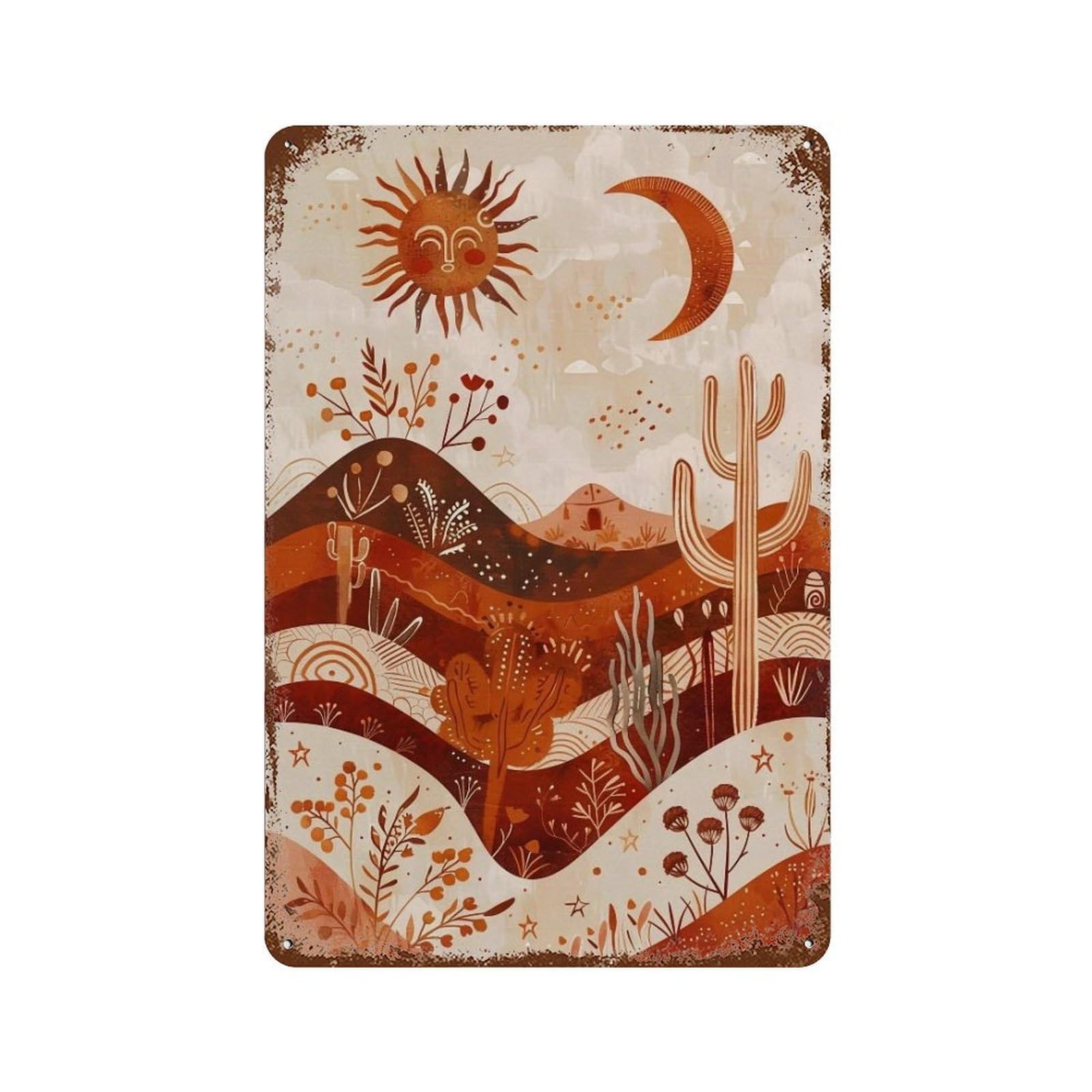 WIHYRTUI Earth Tone Folk Pattern Arid Mountain Cactus Motif 03 Wall Retro Iron Metal Tin Sign Vintage Art Poster Modern Home Cofffee Club Art Bar Shop Decor Style 30x20cm