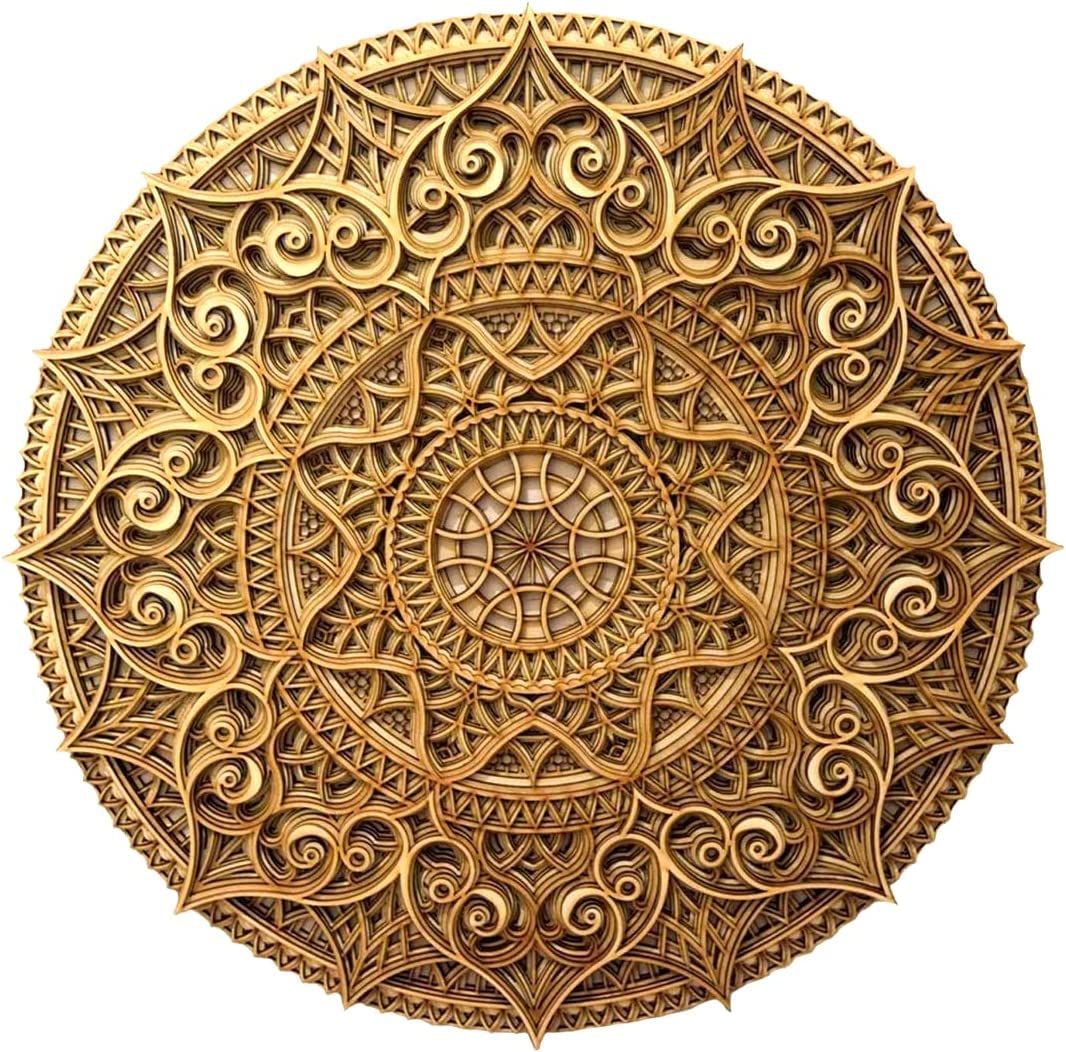 Geometric Home Wall Decor – Multilayered Laser Cut Carved Elegant Wooden Mandala Hanging MDF Panels for Decoration - Rustic Contemporary Artwork (Natural Wood, 14.2 x 14.2in (36cm))