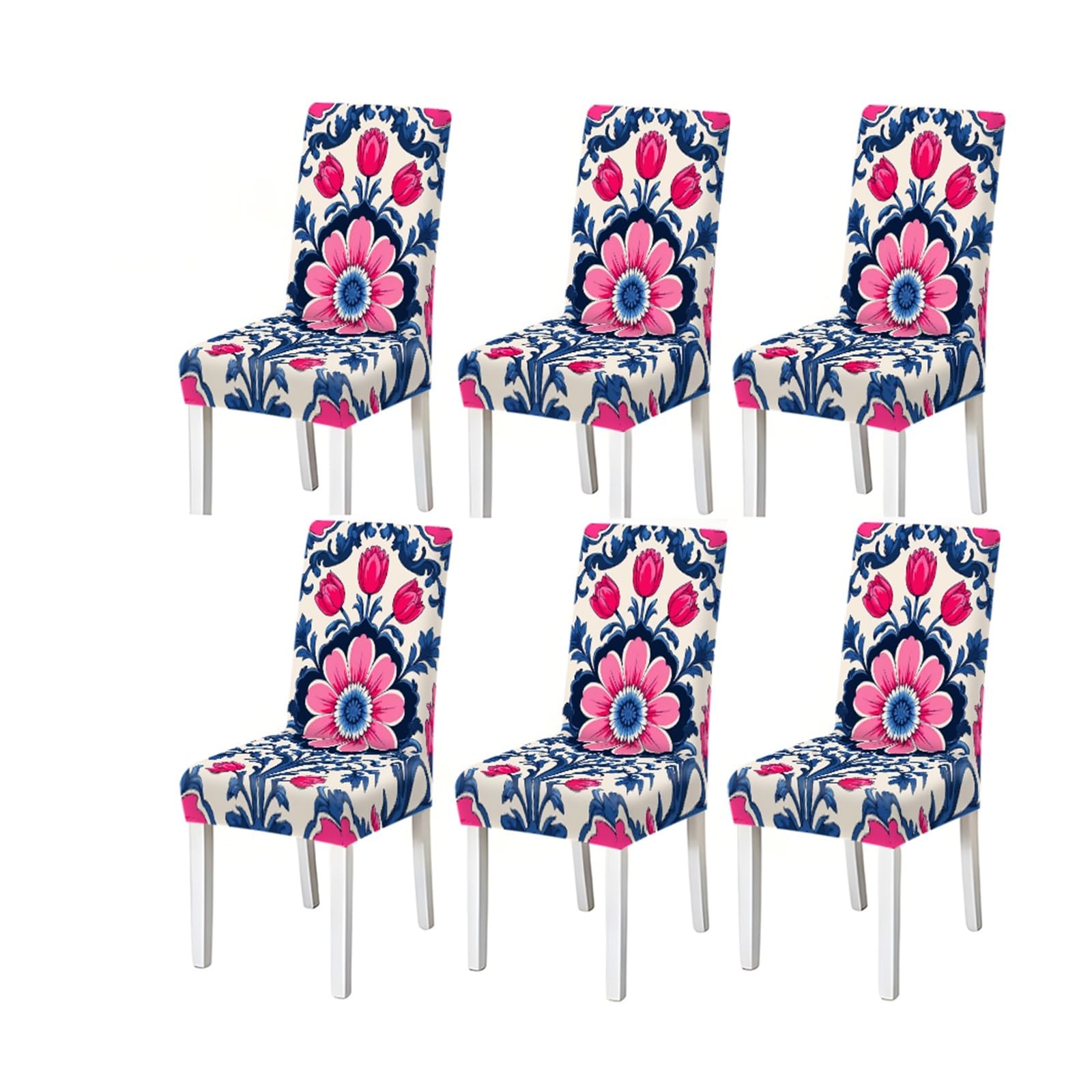 KXUAUV Dining Chair Covers 2/4/6 Pieces, Stretch Slipcovers Blue Pink Floral Bohemian Pattern For Kitchen Dining Room Home Seat Protectors for Restaurant Hotel Party(6PCSChair cover)
