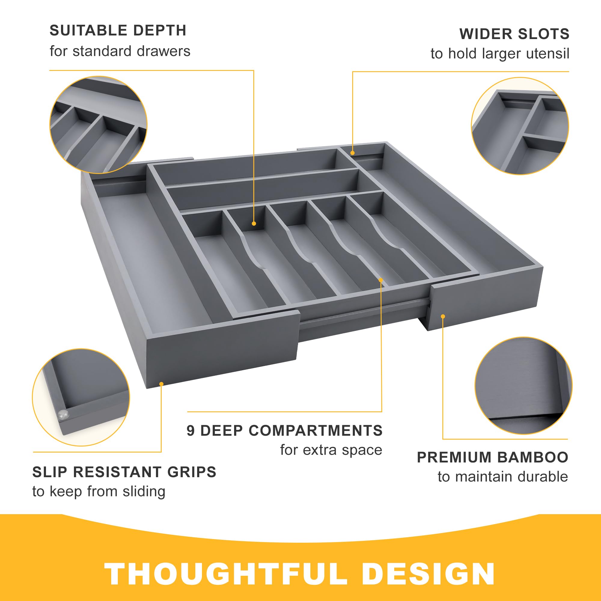 Großer Premium-Besteck-Organizer aus Bambus – erweiterbarer Schubladen-Organizer und Utensilien-Organizer – 43,2 x 50 cm Besteckkasten mit Trennwänden für Küchenutensilien und Besteck (7–9