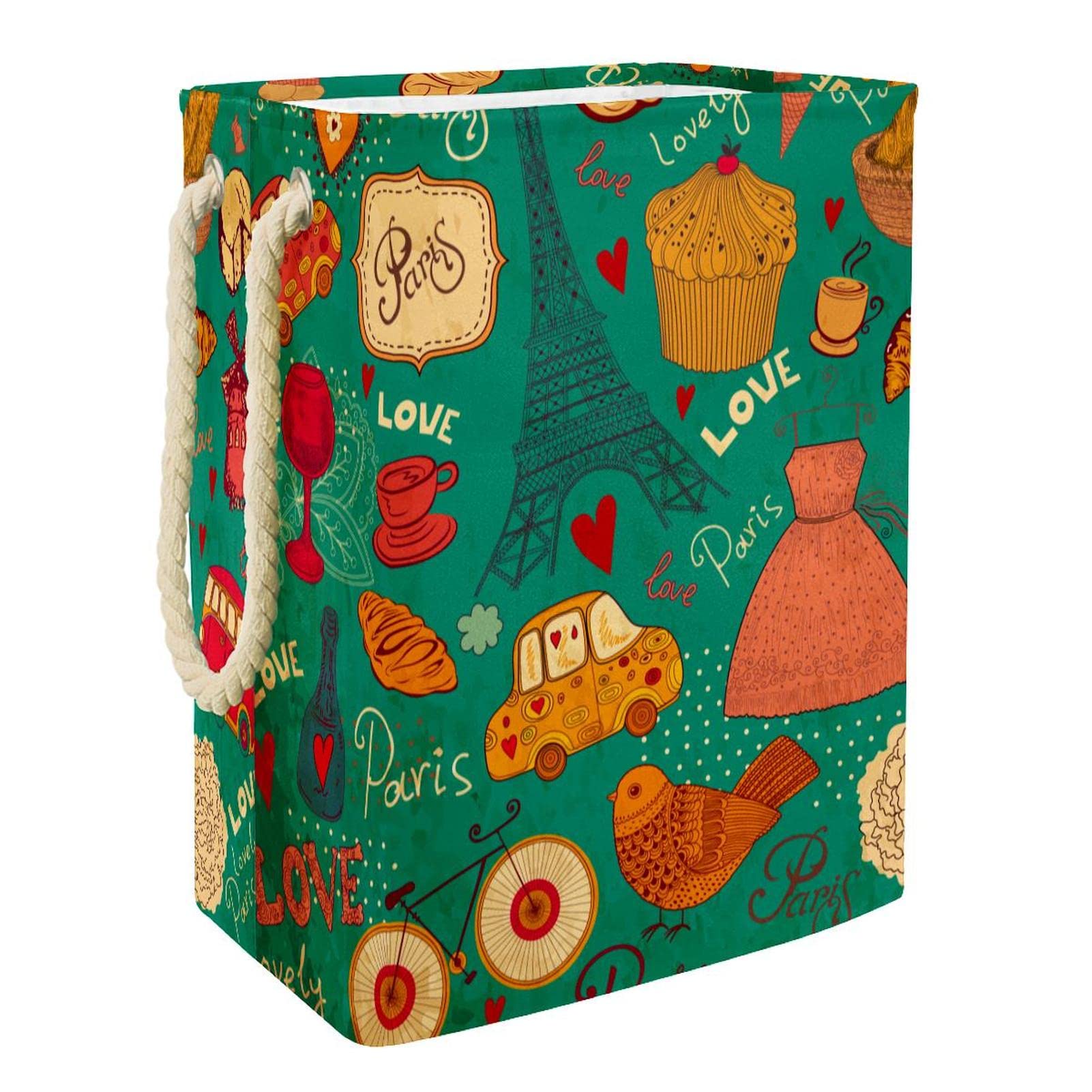 Duży kosz na pranie z trwałym uchwytem, vintage retro Paryż Wieża Eiffla Love Cake, kosz do przechowywania brudnych ubrań do sypialni, łazienki, akademika
