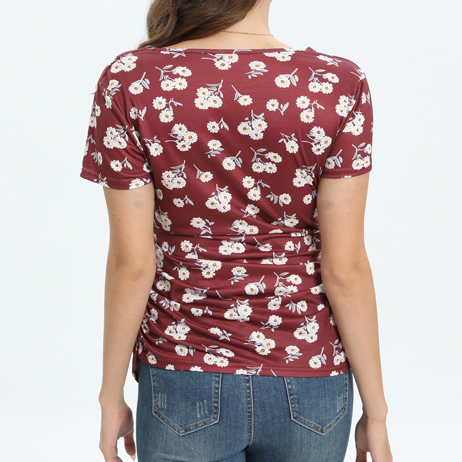 T-shirt d'été de grossesse à manches courtes et col en V imprimé à carreaux pour allaitement, chemisier d'allaitement pour femme