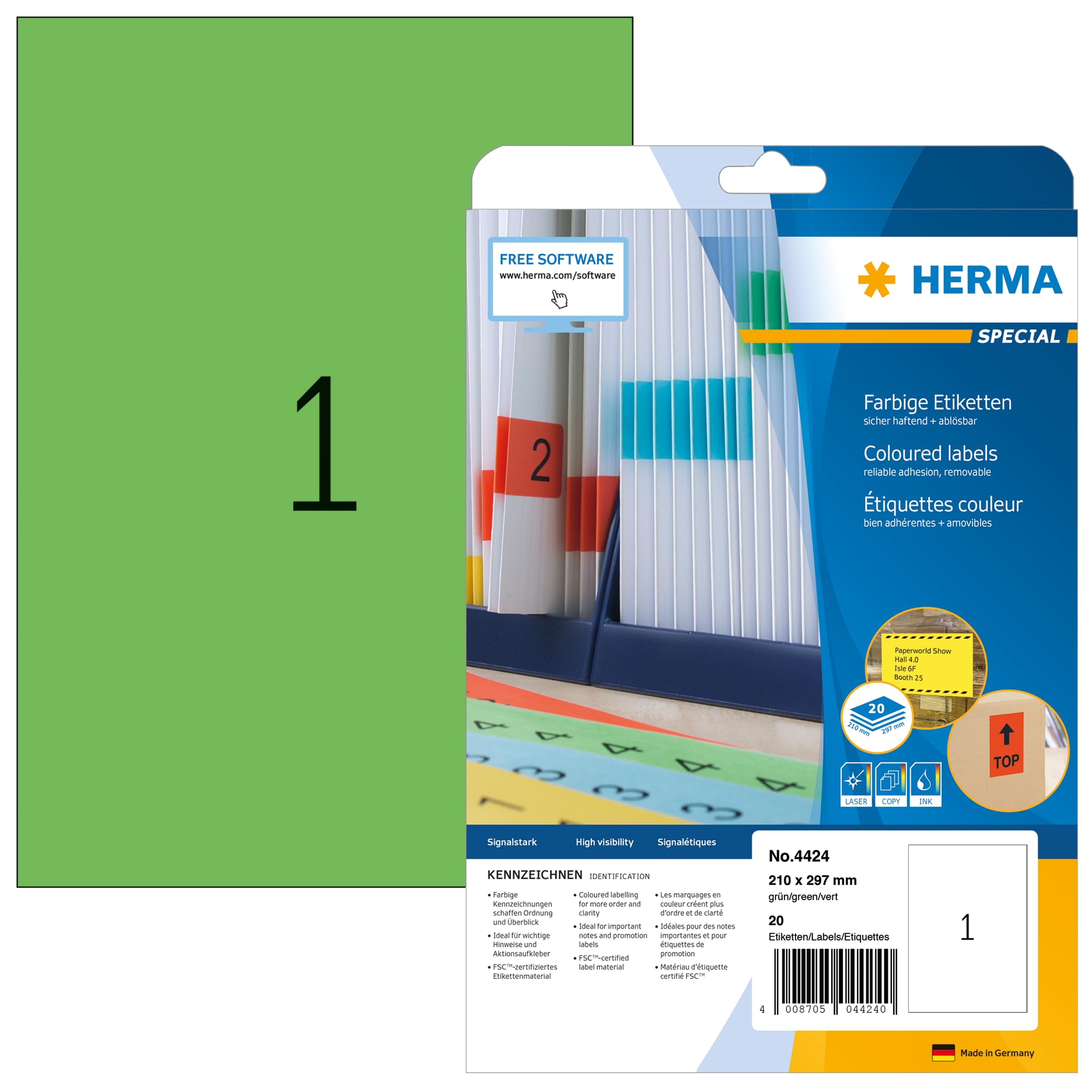 HERMA Self Adhesive Coloured Labels, 20 Sheets, 20 Labels, 210 x 297 mm, Green