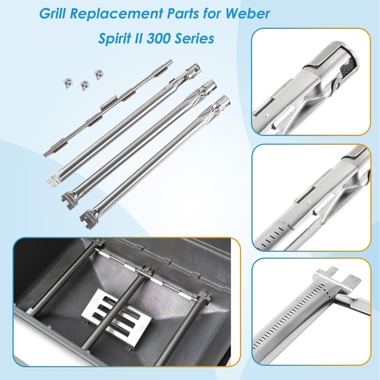 Grill Parts for Weber Spirit II, 7526 7527 7638 17.5" Grill Grates, 7636 67046 Flavorizer Bars, 69787 Burner & 67060 Heat Deflector for Weber Spirit 2 Grill Parts, for Weber Spirit E310 E320