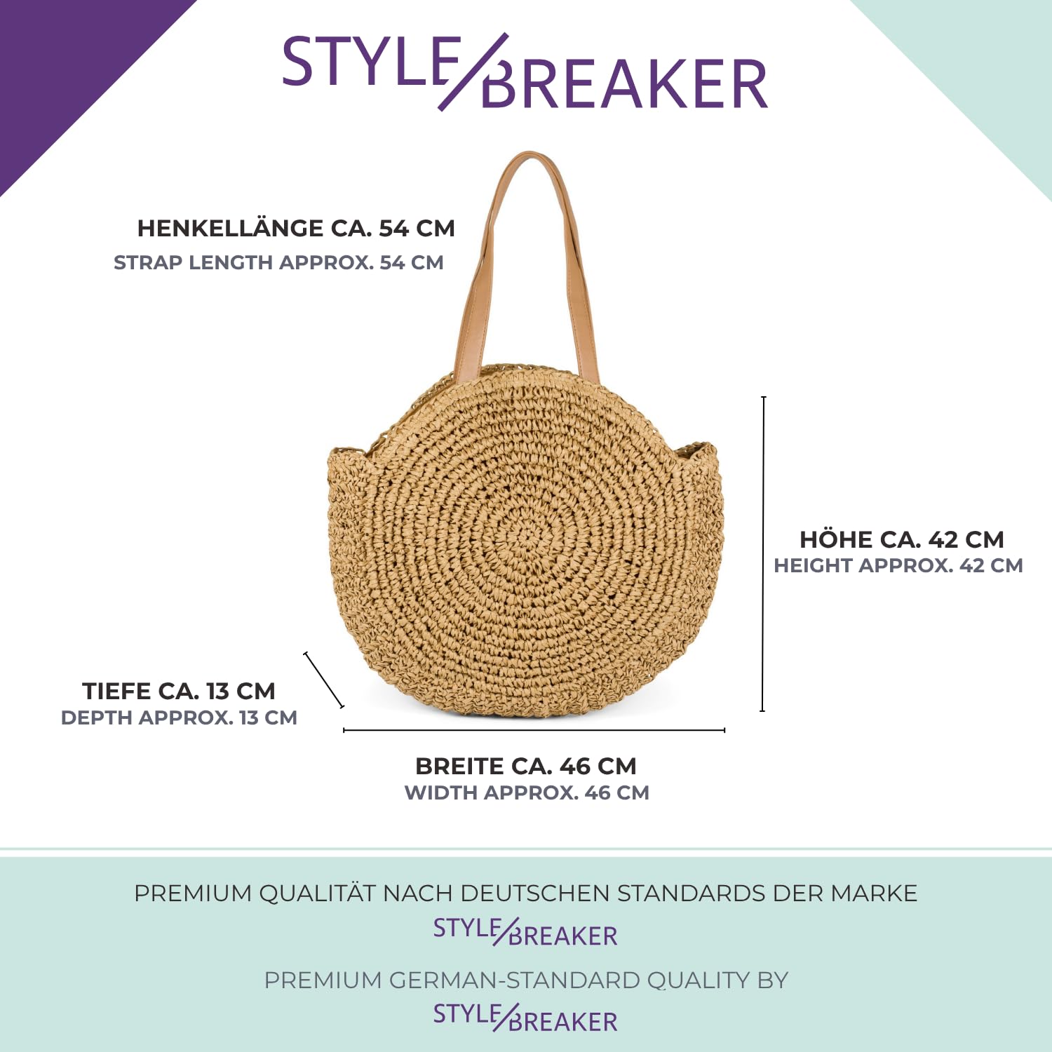 styleBREAKER Sac de plage rond en paille femme 42x46x13 cm | Grand compartiment tressé zippé 42x46x13 cm. Anses fixes en similicuir 54 cm pour un porté épaule confortable.