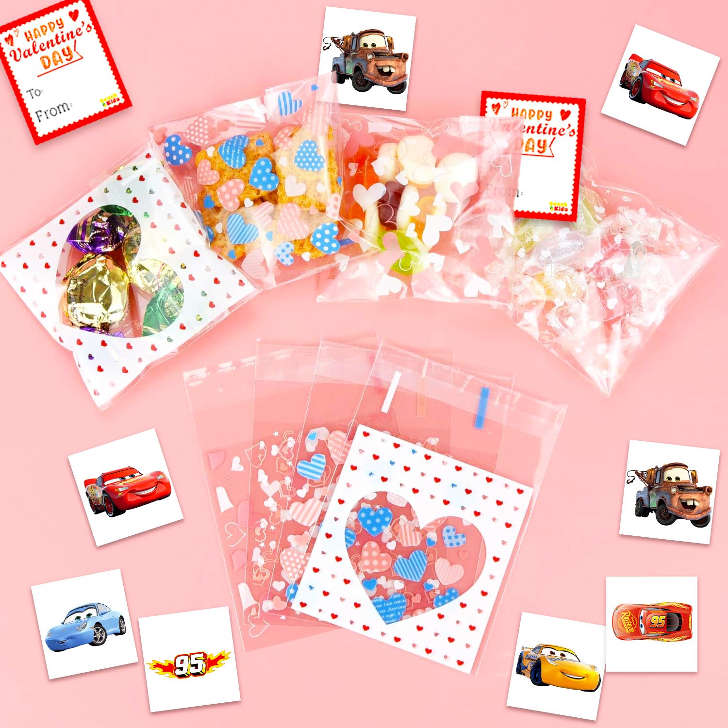 Disney Cars Valentine's Day Classroom Gift Exchange - 24 Student Bundle with Cars Temporary Tattoos, Goodie Bags, To/From Stickers for School Valentines Handouts | Valentines Kids Party Favors