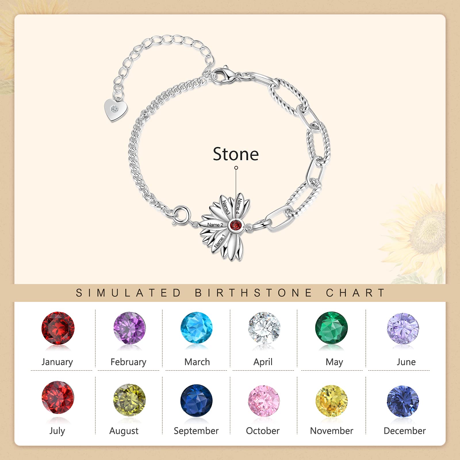 Pulsera personalizada para mujer, pulsera de plata 925 con piedra natal ajustable de girasol grabado con 2 nombres, joyería de Navidad, regalos para mamá o novia, cumpleaños, Cubic Zirconia,