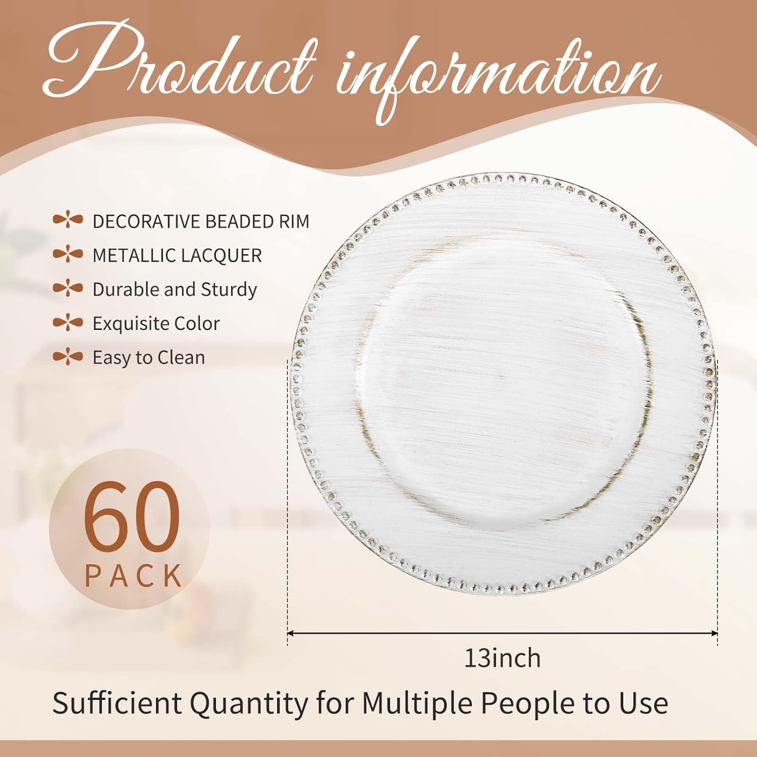 YMHPRIDE 60 Pack Vintage White Plastic Reusable Dinner Charger Plates, 13'' Round Beaded Chargers Plates Vintage Table Decoration for Elegant Dining - Ideal for Weddings and Formal Events