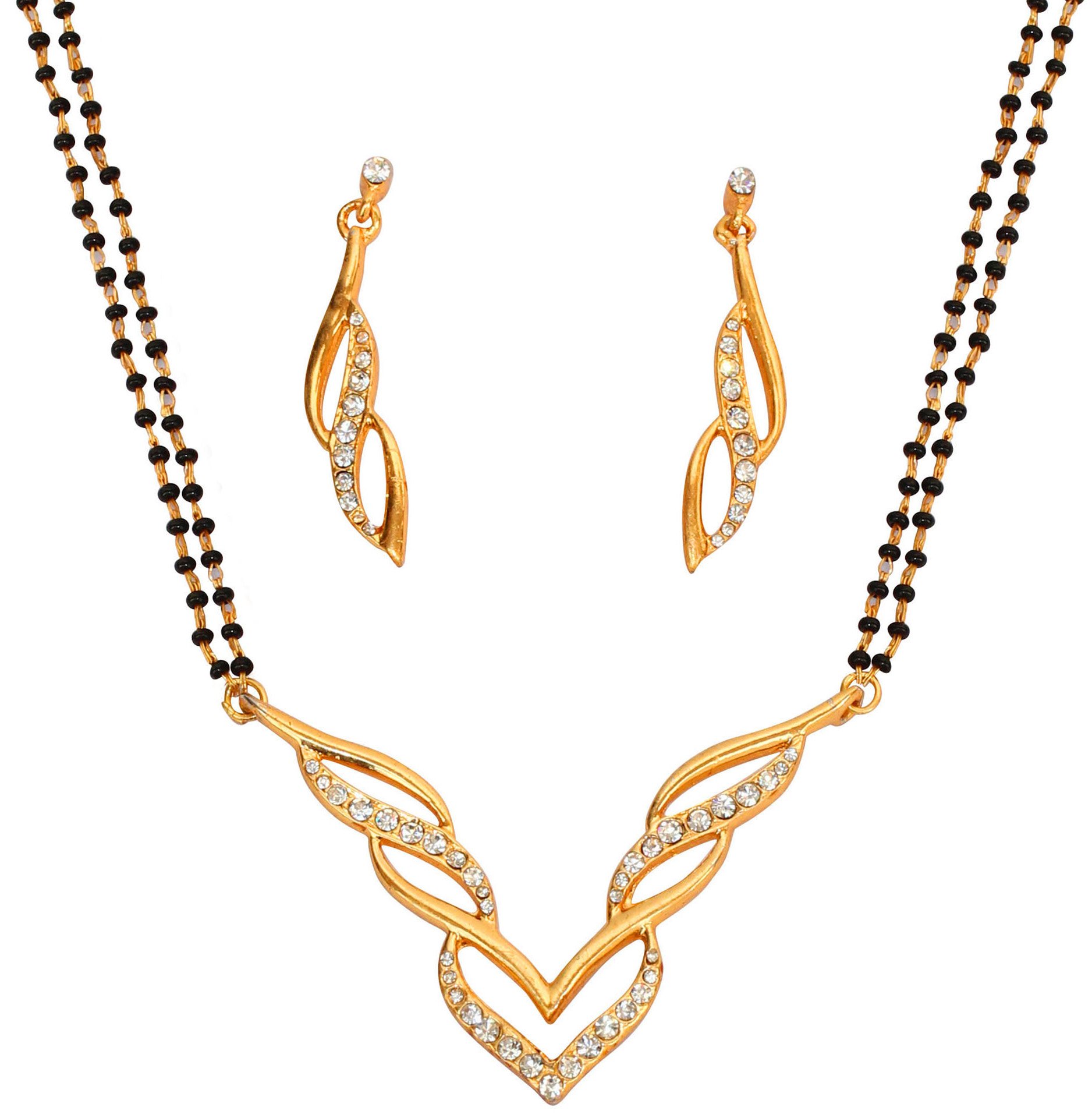 Touchstone Indian Bollywood Style Rhinestone Zirconia CZs Black Beads Symbolic Designer Jewelry Mangalsutra Set in Gold Or White Tone for Women.