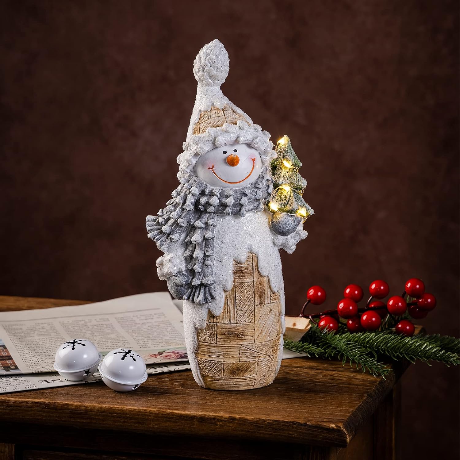 Galiyen Snowman Christmas Decorations, Snowman Figurines Ornaments with LED Lights for Christmas Decor, 9.4" Resin Snowman Statues for Table Top Centerpiece Fireplace Mantle and Shelf