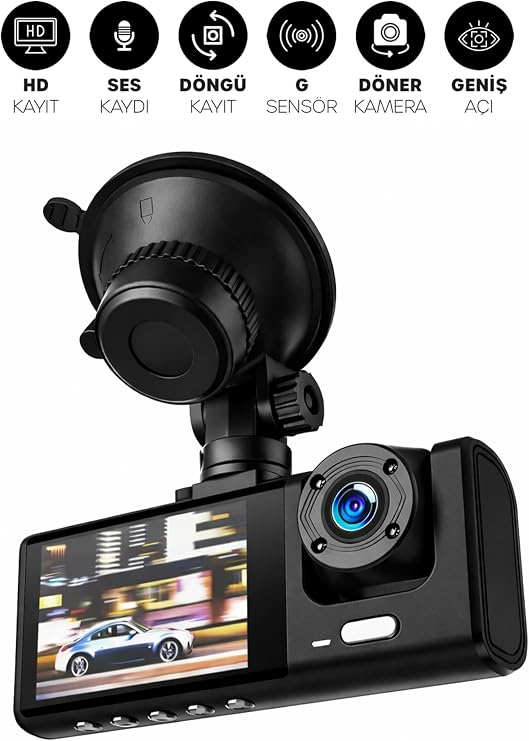 3 Kameralı LCD Ekran Araç Kamerası FullHD Geniş Açı Ön + Arka + Araç İçi Kamera Hareket Sensörü C309