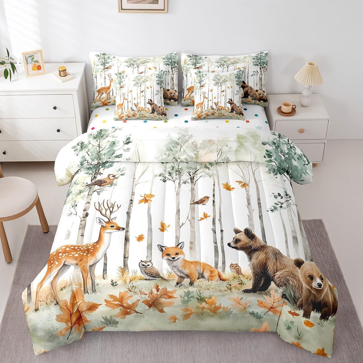 Feelyou Animal Comforter Set with Sheets Twin Size Deer Bed in a Bag for Boys Girls Teens Fox 7 Pieces Bedding Set Bear Bed Set Room Decor Forest