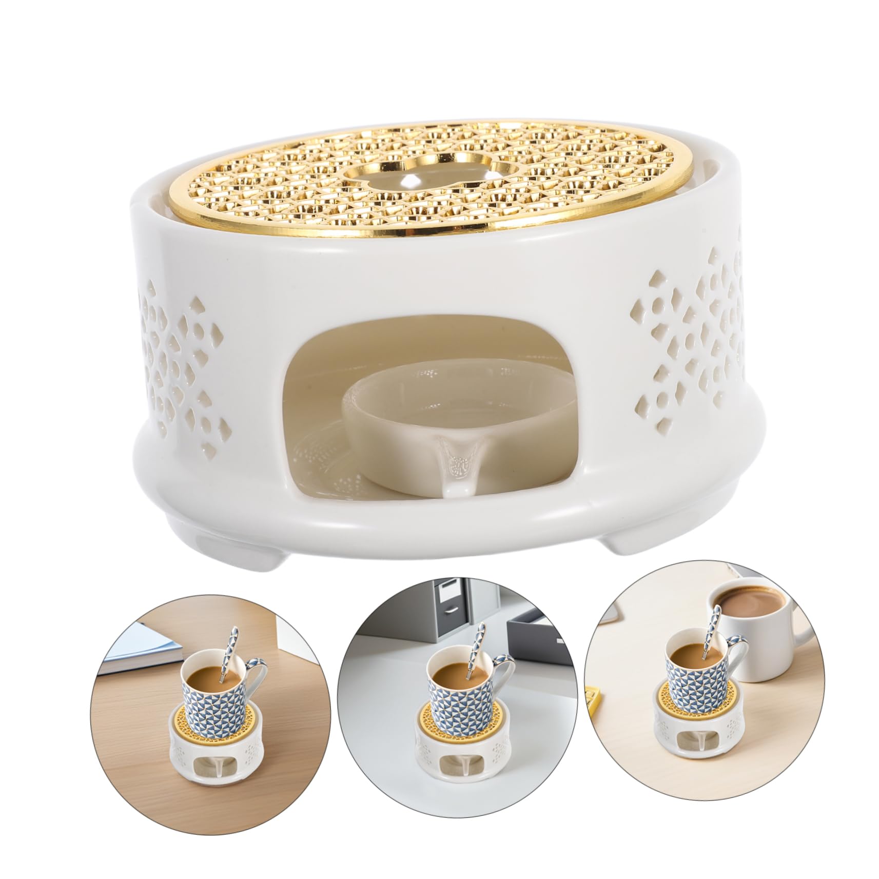 ABOOFAN Keramik Teekannenwärmer mit Löffel Deckel und Kerzenhalter Stabiles Stövchen mit Edelstahlsieb Geeignet für Glas Teekannen zum Erwärmen von Tee Kaffee und Milch Tisch