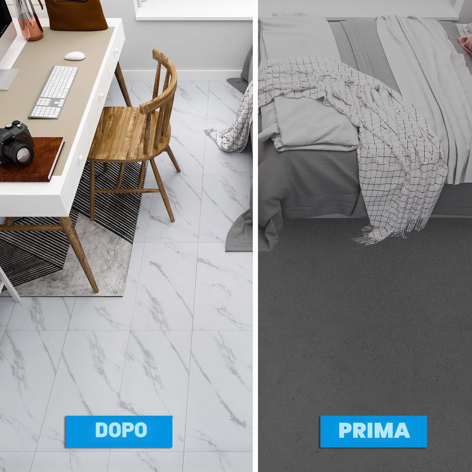 VEELIKE Piastrelle Adesive Pavimento PVC Adesivo Marmo Bianco Mattonelle Adesive Cucina Adesivi per Piastrelle Marmo Pavimento Adesivo per Interni Garage Bagno 12 Pezzi 30 cm x 60 cm