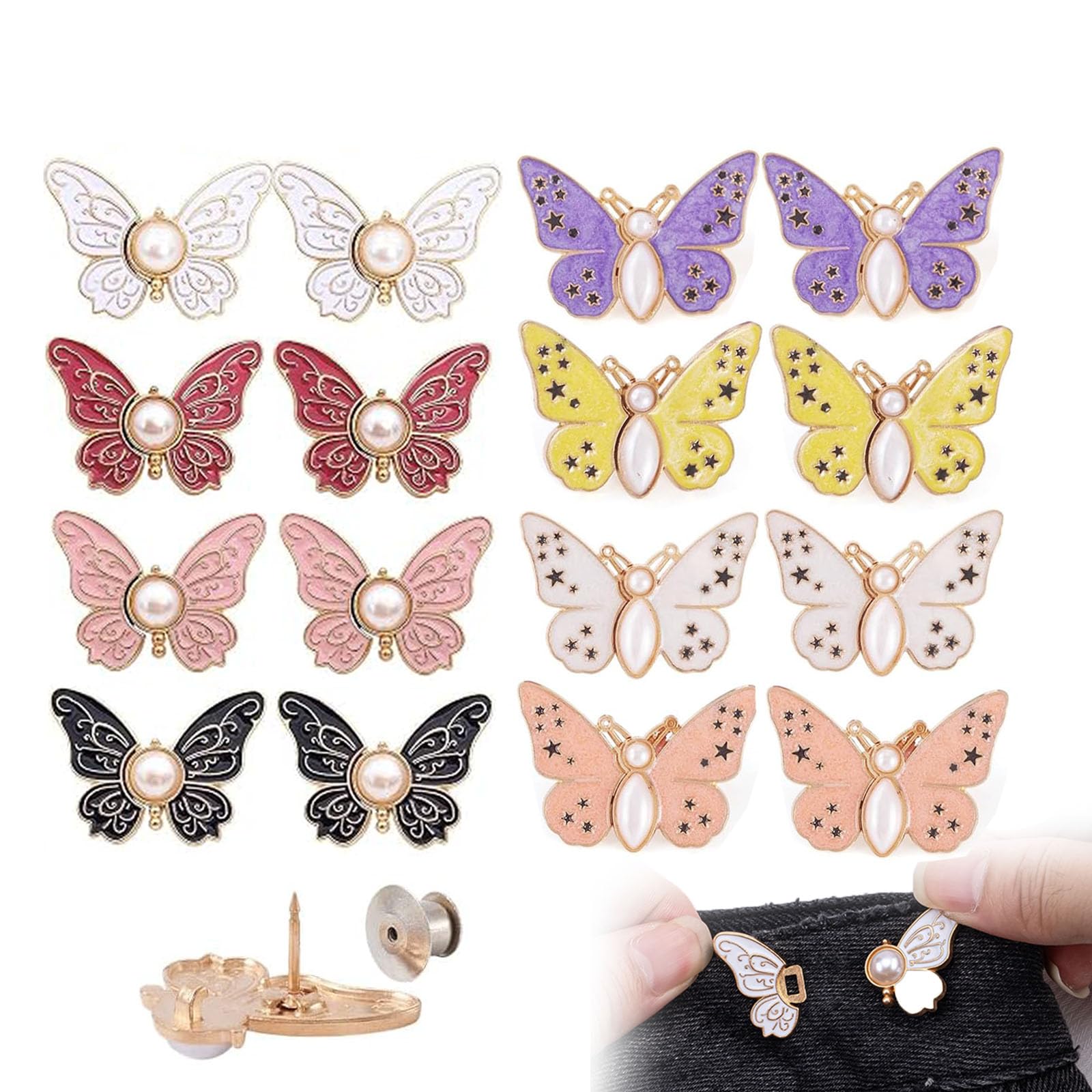 OADAA 16Pcs Butterfly Waist Buckle, Butterfly Pants Clips For Waist, Alloy Butterflys Adjustable Buckle Set, Detachable Button Pant Waists Tightener Clips For Dress Blouses Jackets Coats (Set C)