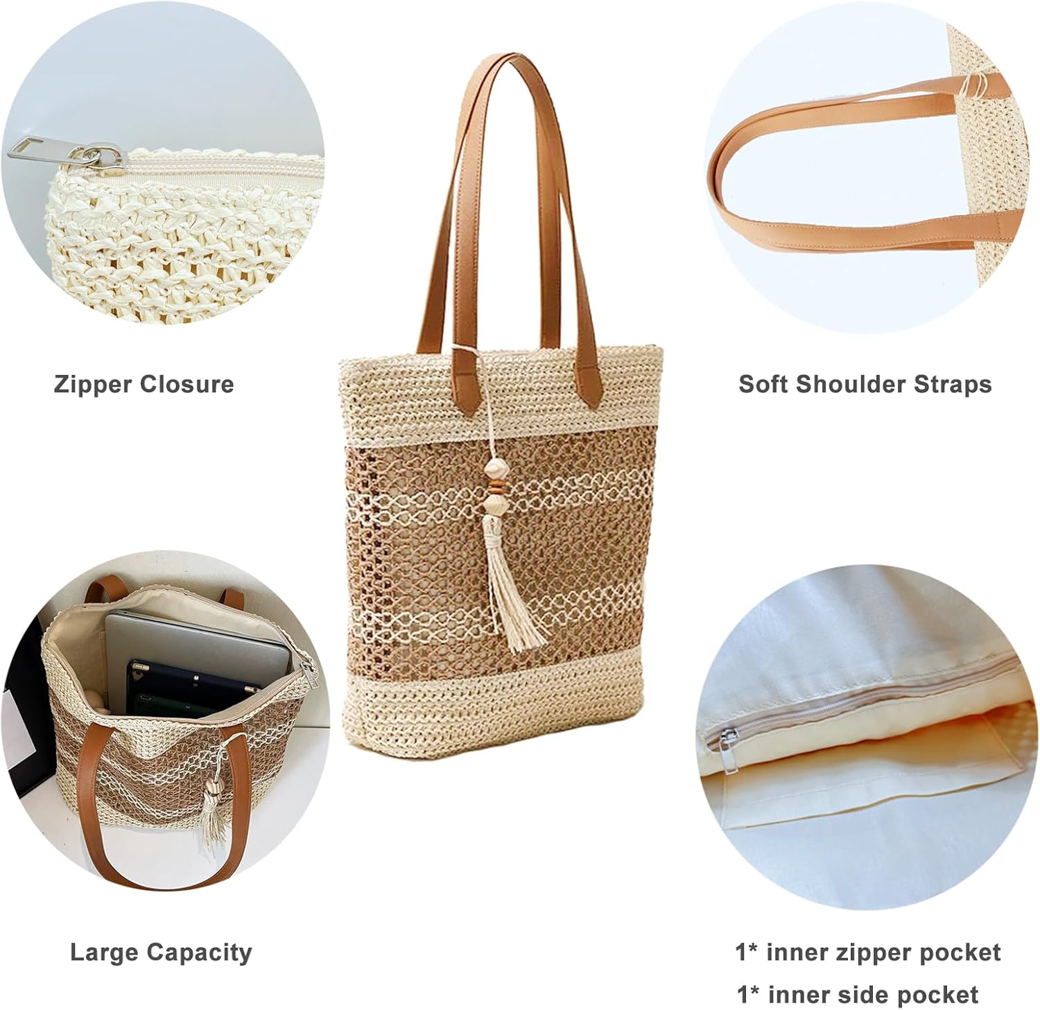 Aphoraeny Straw Beach Bag Buckets Totes Handbag Shoulder Tote Bag Straw Purse Summer Purse Women Summer Handbag - Image 4