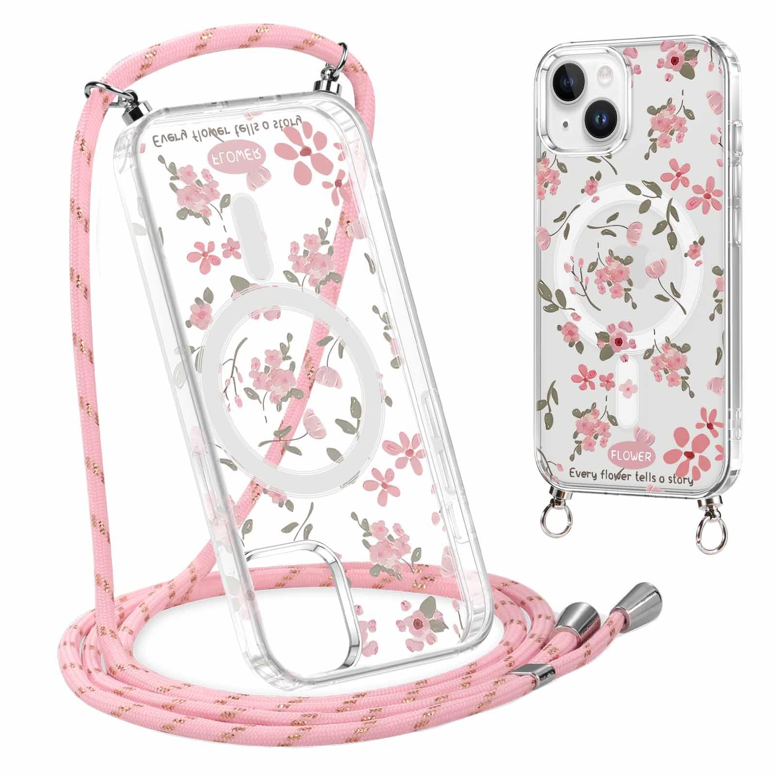 Saqmkil Magnetyczne etui z paskiem do iPhone'a 14/iPhone 13 6,1 cala [kompatybilne z MagSafe], przezroczyste etui z kołnierzem ze sznurkiem, estetyczny wzór z kreskówek ochraniacz na iPhone 13, kwiaty