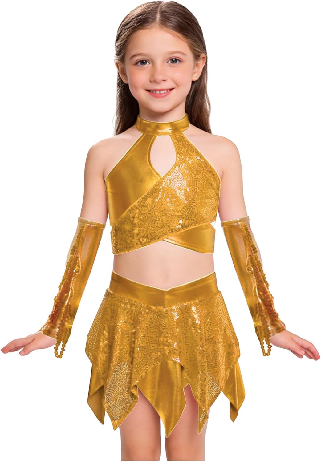 Kids Girls Latin Dance Skirt With Crop Top & Tassels Gloves Sequins Ballroom Cha Cha Tango Gold 16 Years