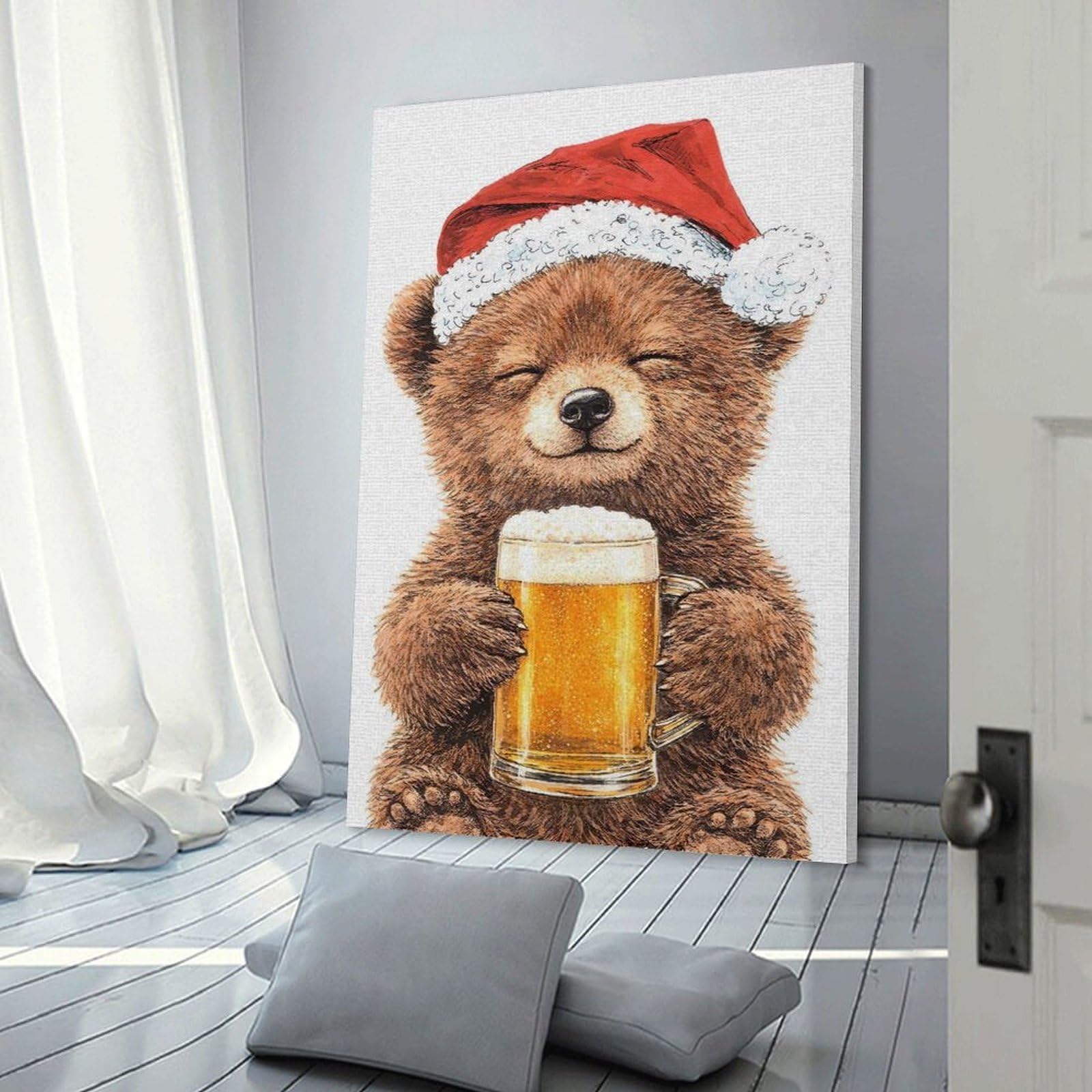 Junmoney Frame-Style-3-1 Cute Bear In Santa Hat With Beer Wall Picture Print, 16X24inch(40X60cm), For Workspace Walls, Study Corners Or Bedrooms, Wall Art That Adds Style To Work Areas