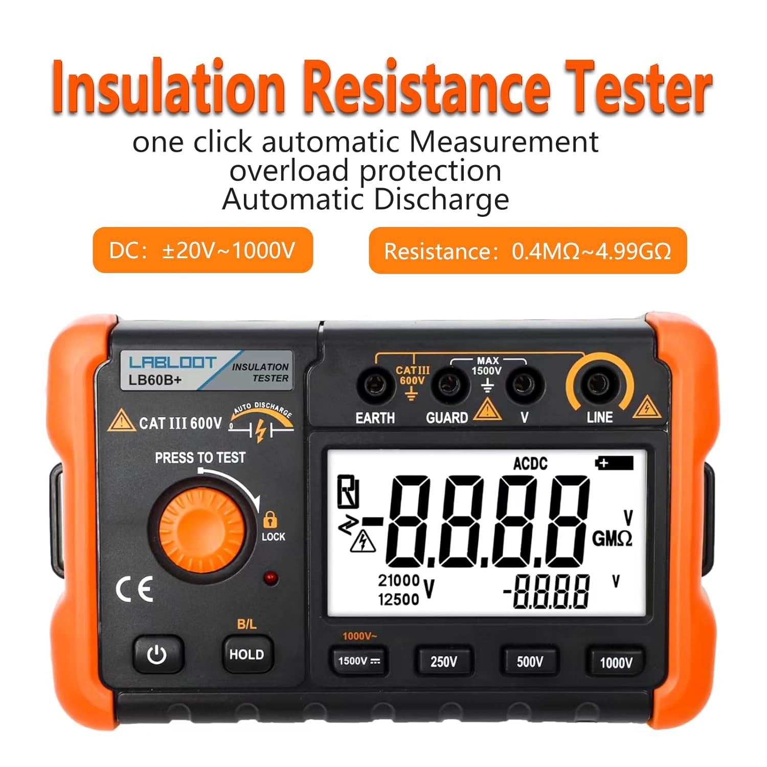 LB60B+ Digital Insulation Resistance Tester 1000V Test DC AC 2000m Ohm High Voltage Short Circuit Input Alarm