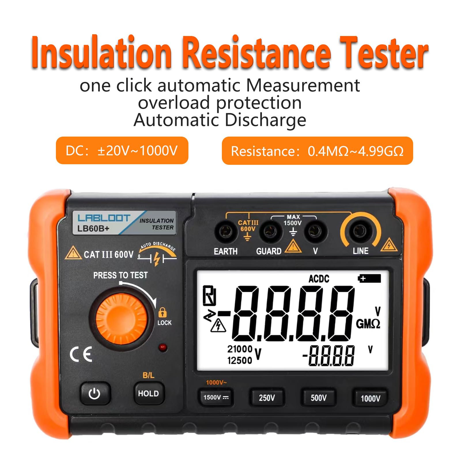 LB60B+ Digitaler Isolationswiderstandstester 1000V Test DC AC 2000m Ohm Hochspannungs-Kurzschluss-Eingangsalarm