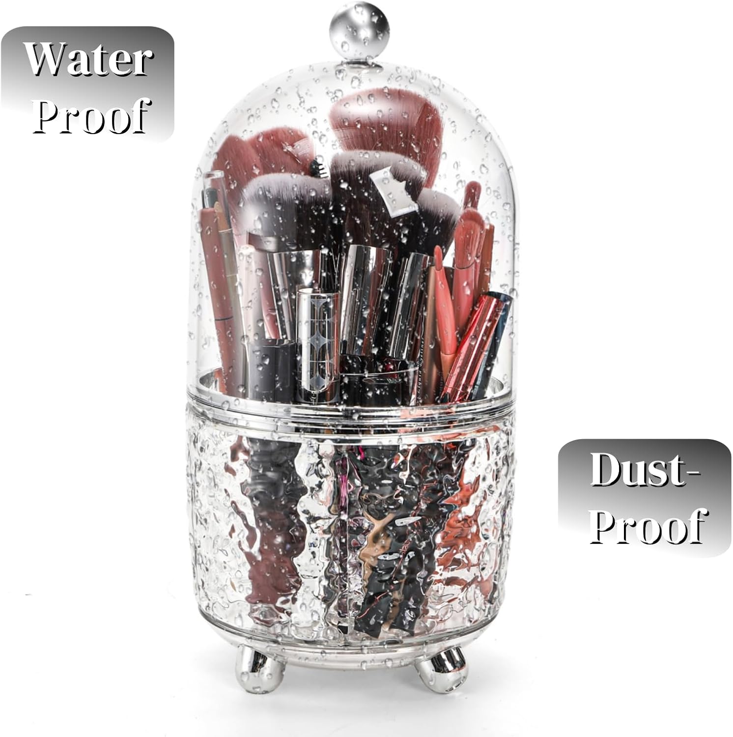 Rotating Makeup Brush Holder, Dustproof Cosmetic Tools Organizer with Lid, 360° Spinning Covered Brushes Storage with Anti-slip Pads for Vanity, Bathroom Countertop & Bedside Table, Clear - Image 4