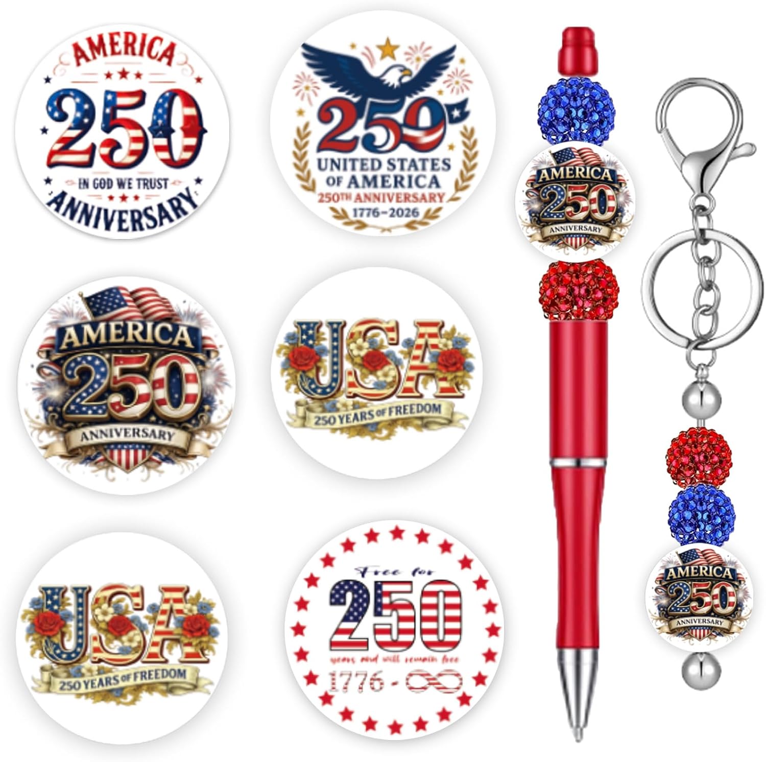America 250th Anniversary Silicone Beads, 10Pcs Patriotic Focal Beads for DIY Bracelets, Keychains, Beaded Pens & Memorial Gifts