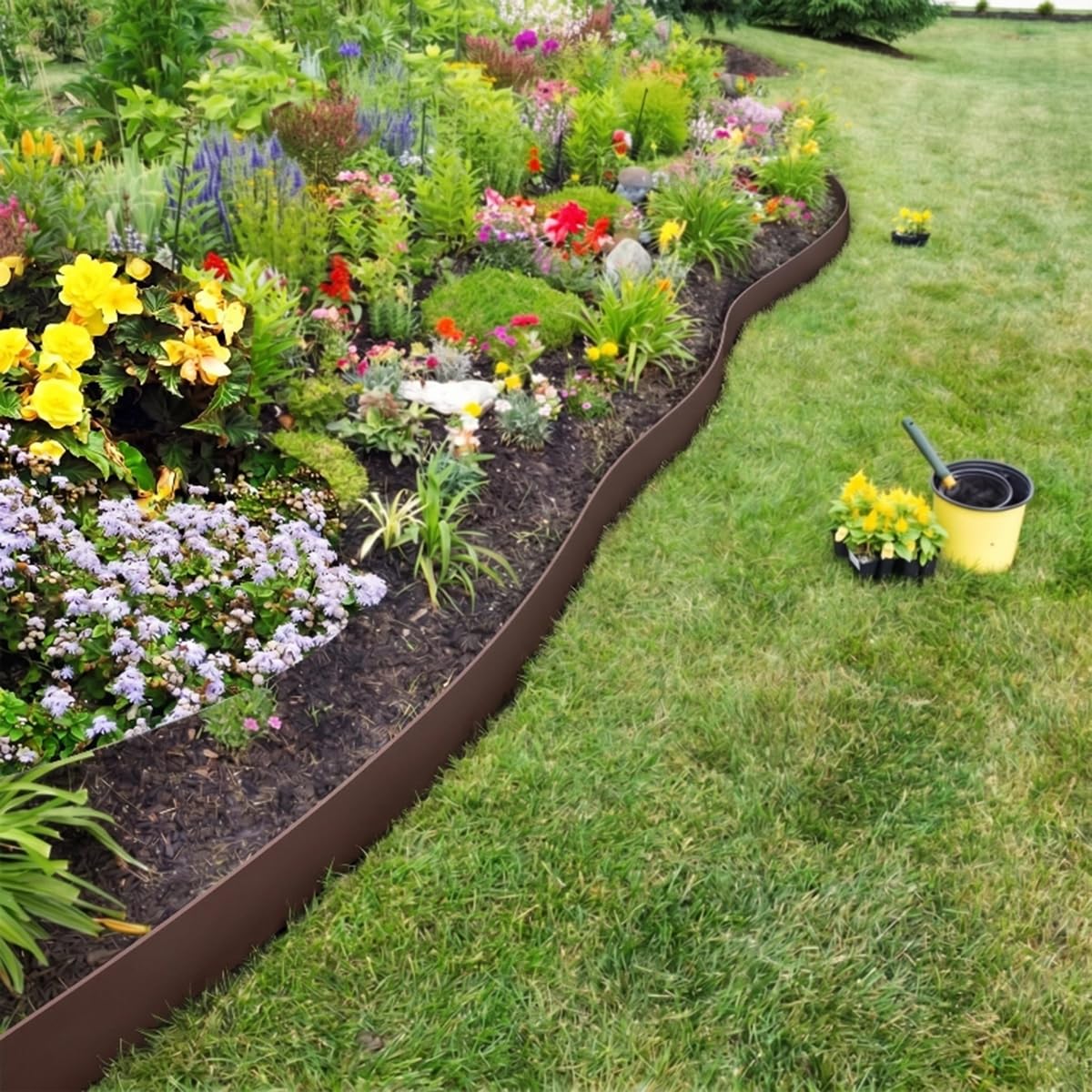 Bordo flessibile da giardino, 10 m, altezza 10 cm, in plastica, per giardini e prati, con 50 paletti, per aiuole, divisori paesaggistici, marciapiedi, resistente alle intemperie, marrone