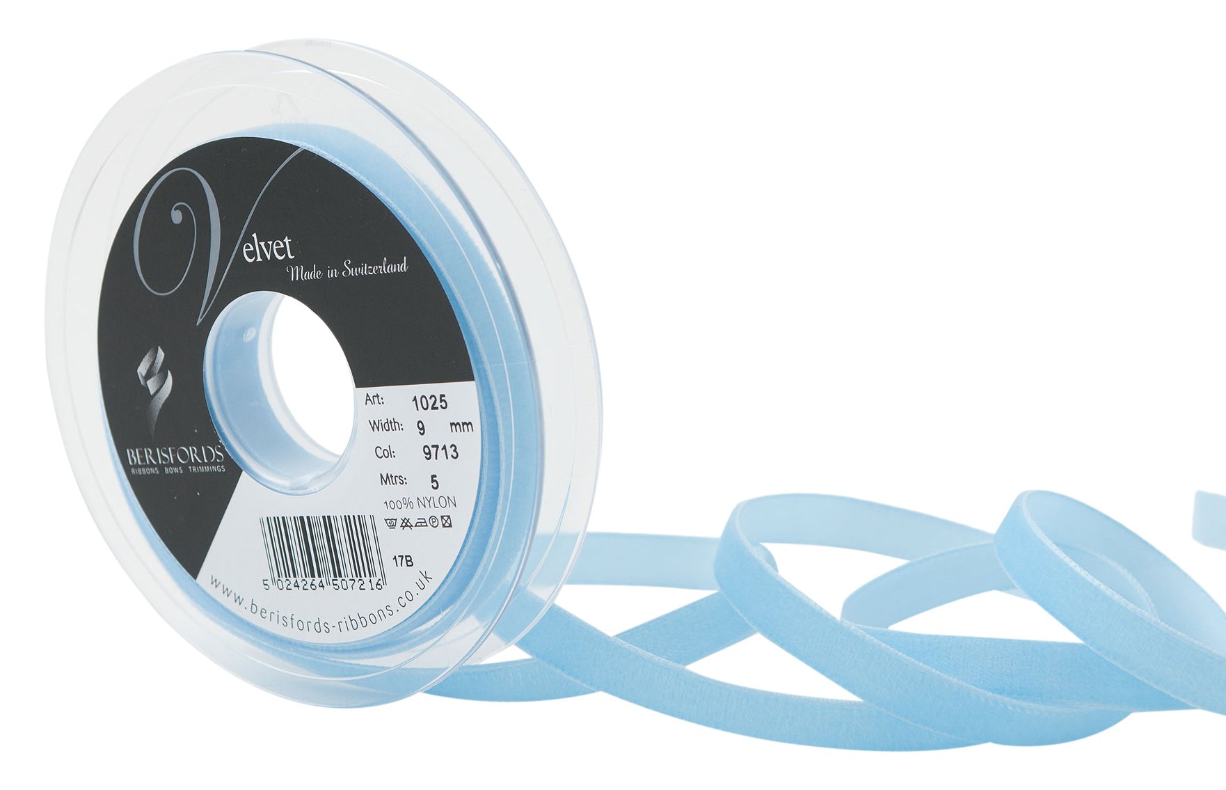 Berisfords Velvet Ribbon Saxe 15mm x 10m - Nylon Craft Ribbon for Sewing, Gift Wrapping and Hair Accessories — image 1