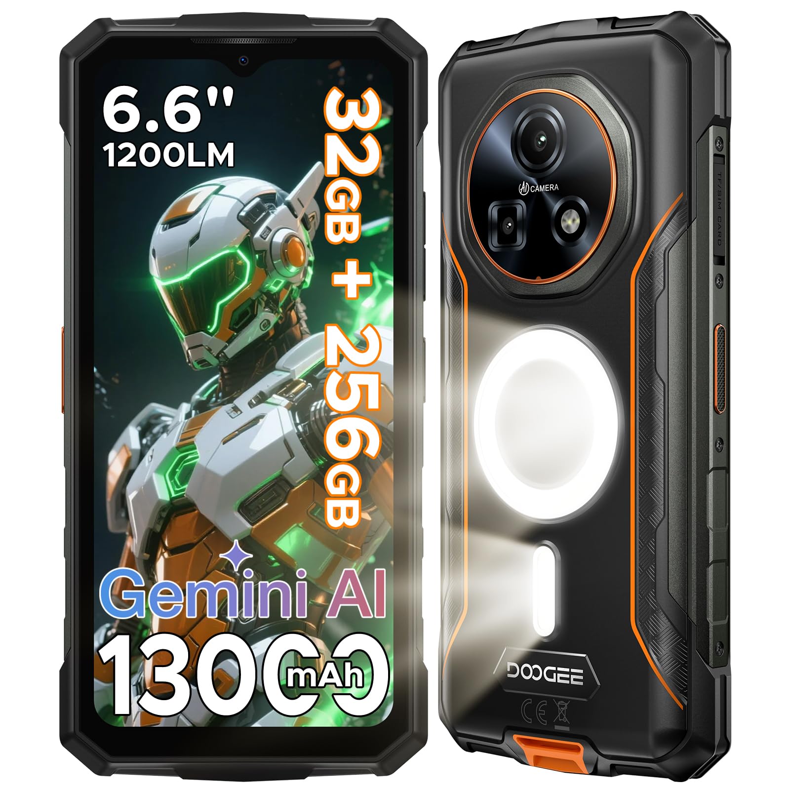 DOOGEE Fire 5 Ultra Rugged Smartphone, 32GB+256GB/2TB Telefono Indistruttibile, 1200LM Campeggio Luci, 13000mAh Batteria, MTK G81, Android 15, 48MP+8MP/4G Dual SIM/Fingerprint/Face ID/NFC