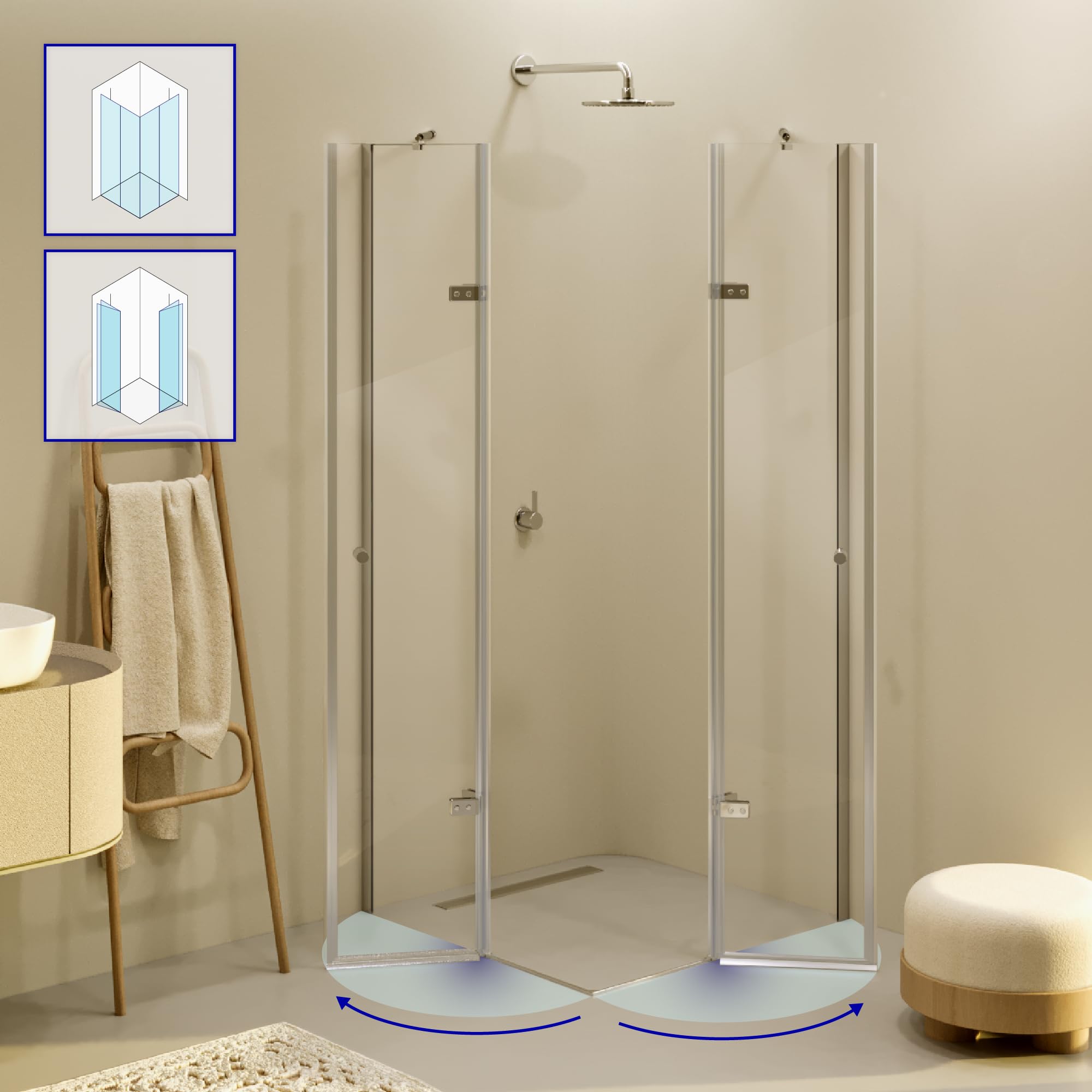 Mampara de Ducha Alice 80x110x190cm|REVERSIBLE|Puertas Abatibles, Ajuste 79,3-81,3x109,3-111,3cm|Perfil cromado, Cristal templado transparente 6mm