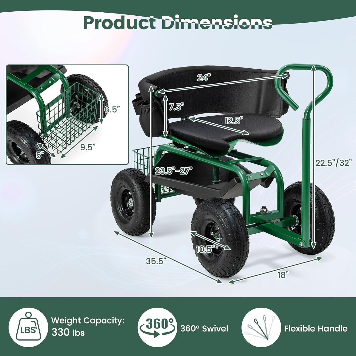 ERGOMASTER Rolling Garden Seat with Wheels, Adjustable 360° Swivel Workseat and Storage Basket, Extendable Handle, Outdoor Gardening Wagon Scooter, Green