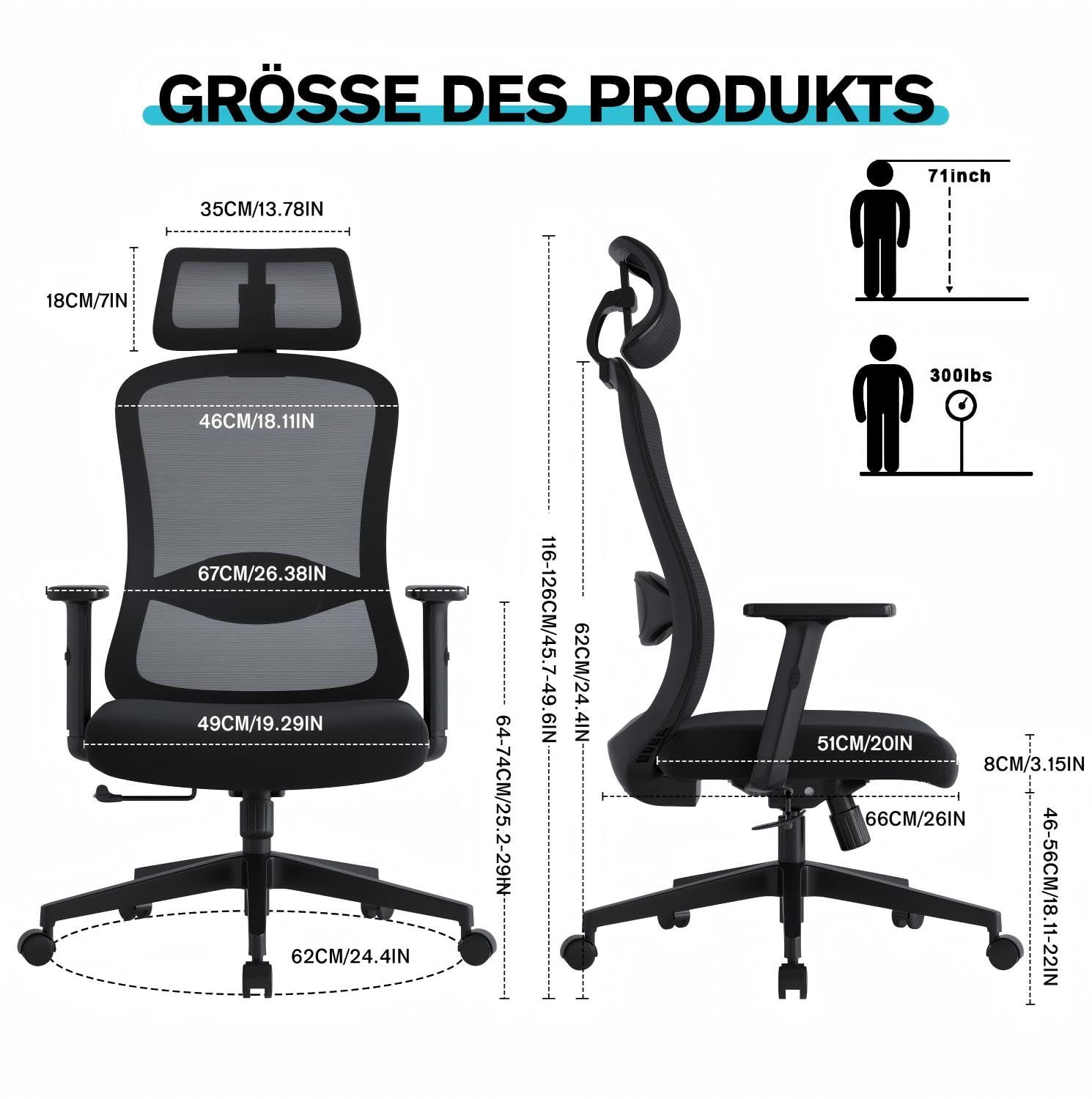 Bürostuhl Ergonomisch, Schreibtischstuhl mit Wippfunktion bis 125°, Verstellbarer Kopfstütze & Armlehnen, Drehstuhl mit Lendenwirbelstütze, Chefsessel aus Mesh, Bürostühle 150 kg, Schwarz