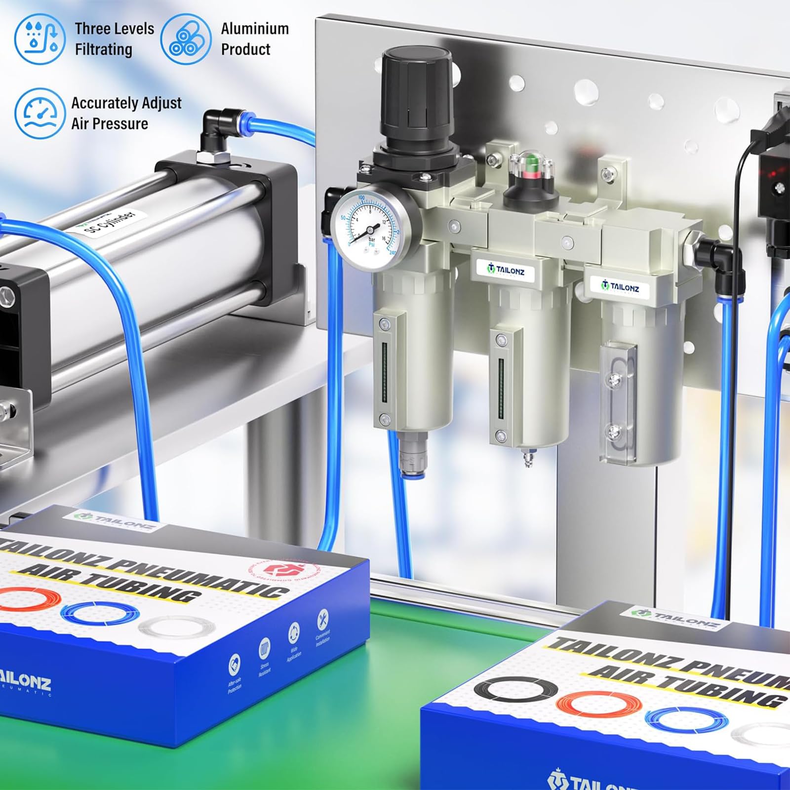 TAILONZ PNEUMATIC 0-1.6MPA 1/2 Inch BSP Sistema Industrial de Secado de Aire de Tres Etapas, Filtro de Partículas, Filtro Coalescente, Secador Desecante y Regulador de Aire (Drenaje Automático)