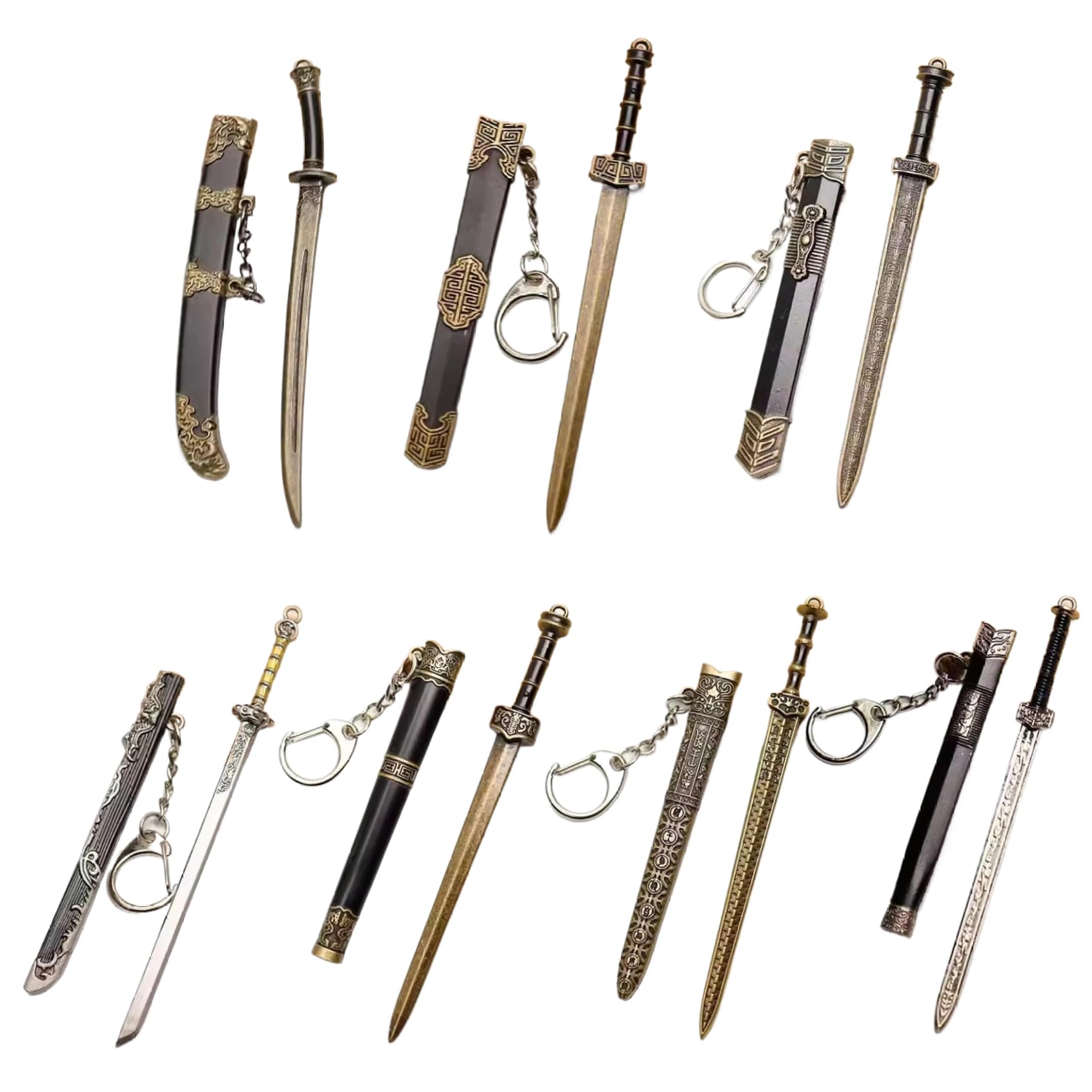 7Pcs Mini Sword, 4.7" Ancient Sword Keychain Metal Mini Swords for Men Women