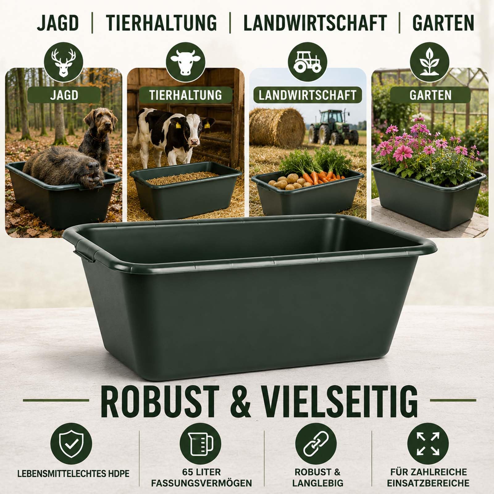 BURI Wildwanne 65 Liter 5er Set XL Futterwanne Grün Lebensmittelecht Robust | BURI, lebensmittelecht, Wasserbottich, Wildwanne, Pferdetränke, Jagdwanne, robuster Kunststoff, Stallbedarf, langlebig