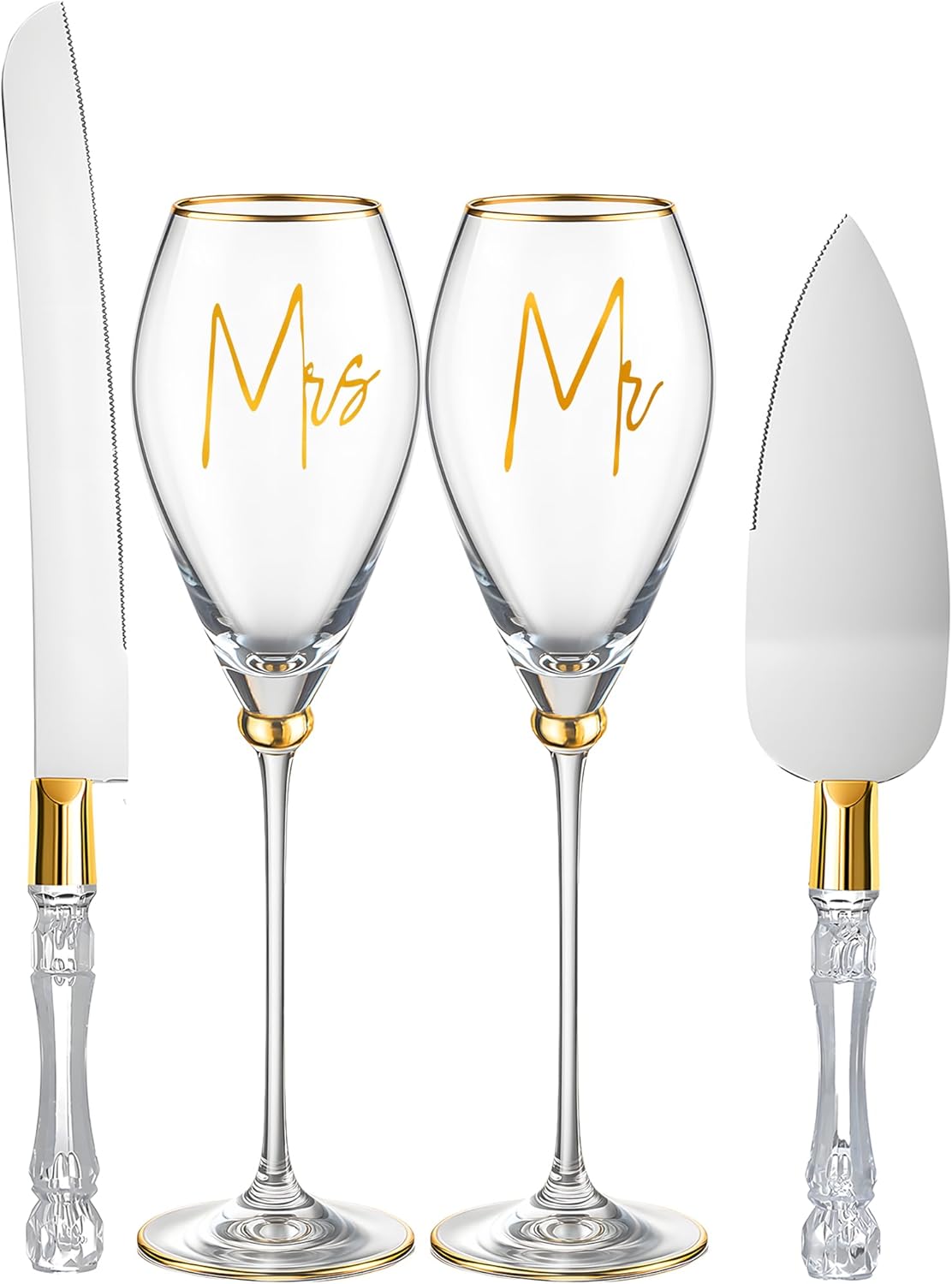 Boao 4 Pcs Wedding Cake Knife and Champagne Flutes Server Set, Wedding Reception Supplies Toasting Flutes Cylinder Champagne Glasses Cake Cutting Set for Engagement Gifts