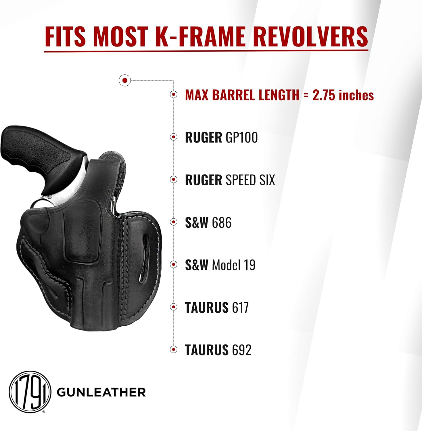 1791 GUNLEATHER K-Frame Revolver Holster - OWB Leather Gun Holster - Covers Barrels up to 2.75" - Compatible with Ruger Speed Six, Smith & Wesson Model 19, Taurus 617