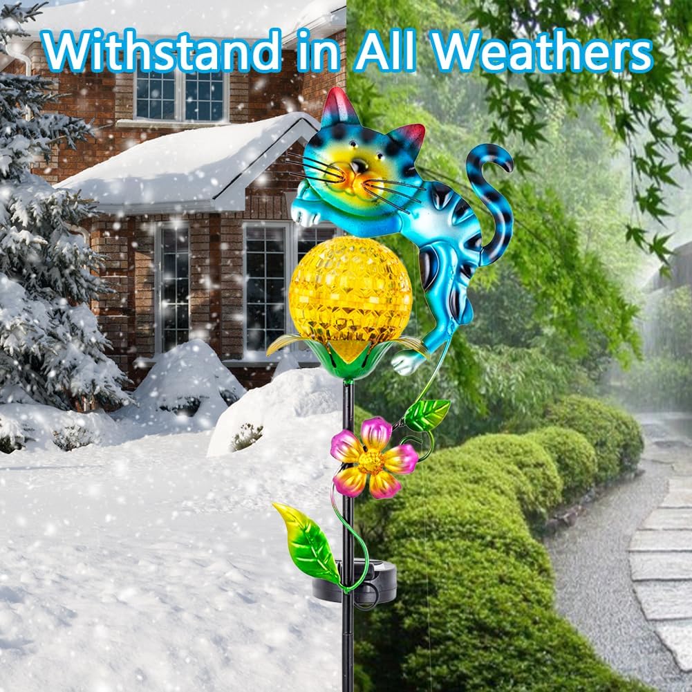 Solar Garden Lights, 2 Pack Cat Solar Lights Outdoor Waterproof Colorful Global Lanscape Lighting, Decorative Metal Yard Art for Pathway, Patio, Lawn