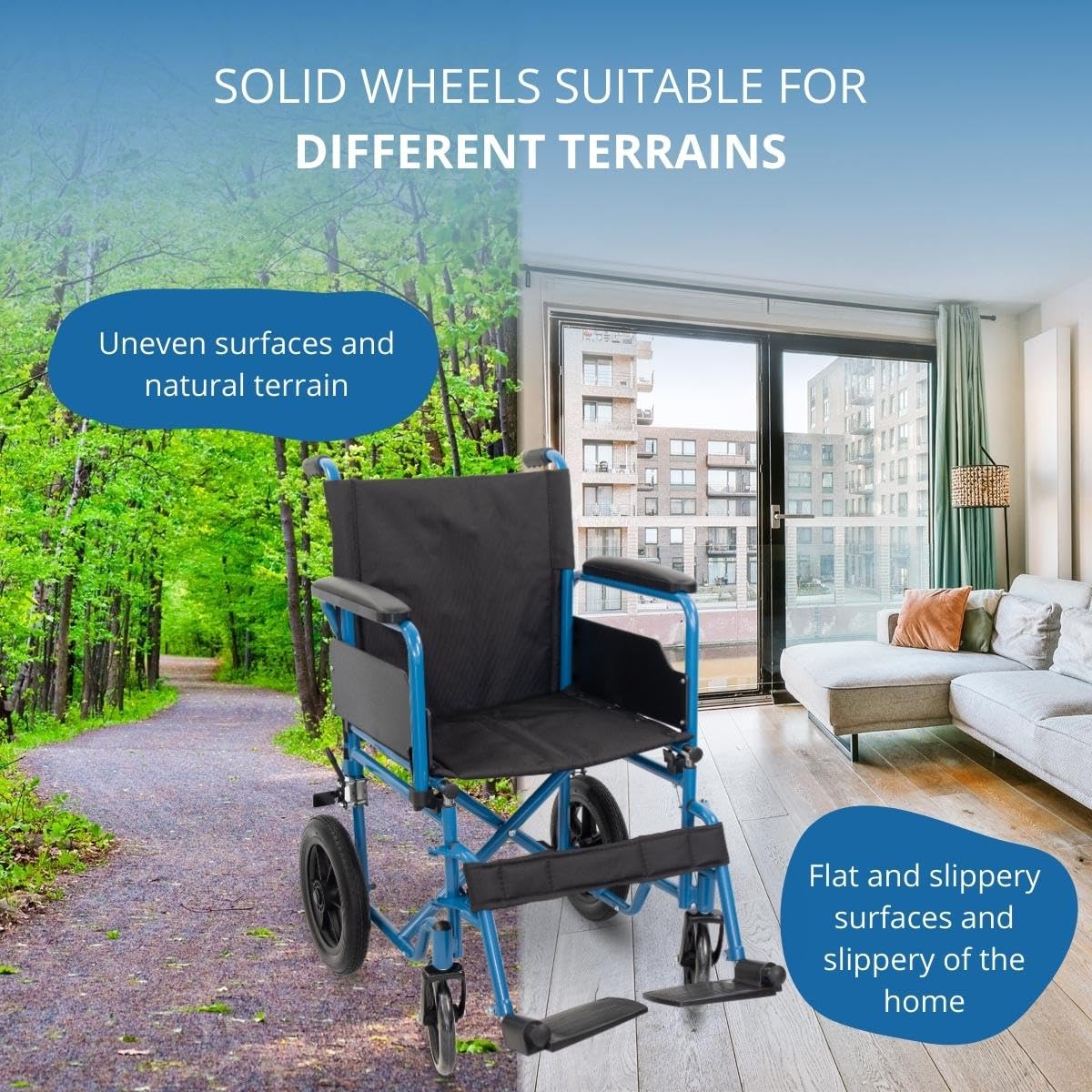 Mobiclinic®, Składany wózek inwalidzki, Marsella, Kółka z możliwością szybkiego zwolnienia po naciśęciu przycisku, Stabilny, Siedzisko 46 cm, Dźwignia hamulca, Niebieski