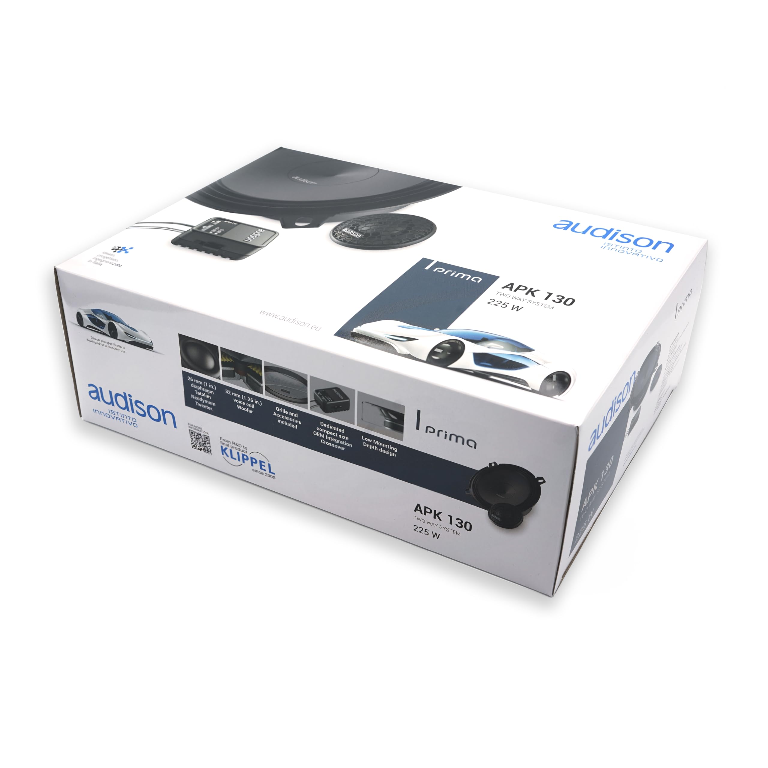Audison APK 130 – Sistema audio a due vie da 130 mm con woofer in fibra di cellulosa e tweeter a cupola da 26 mm, installazione OEM-friendly, 75 W RMS @ 4 Ω