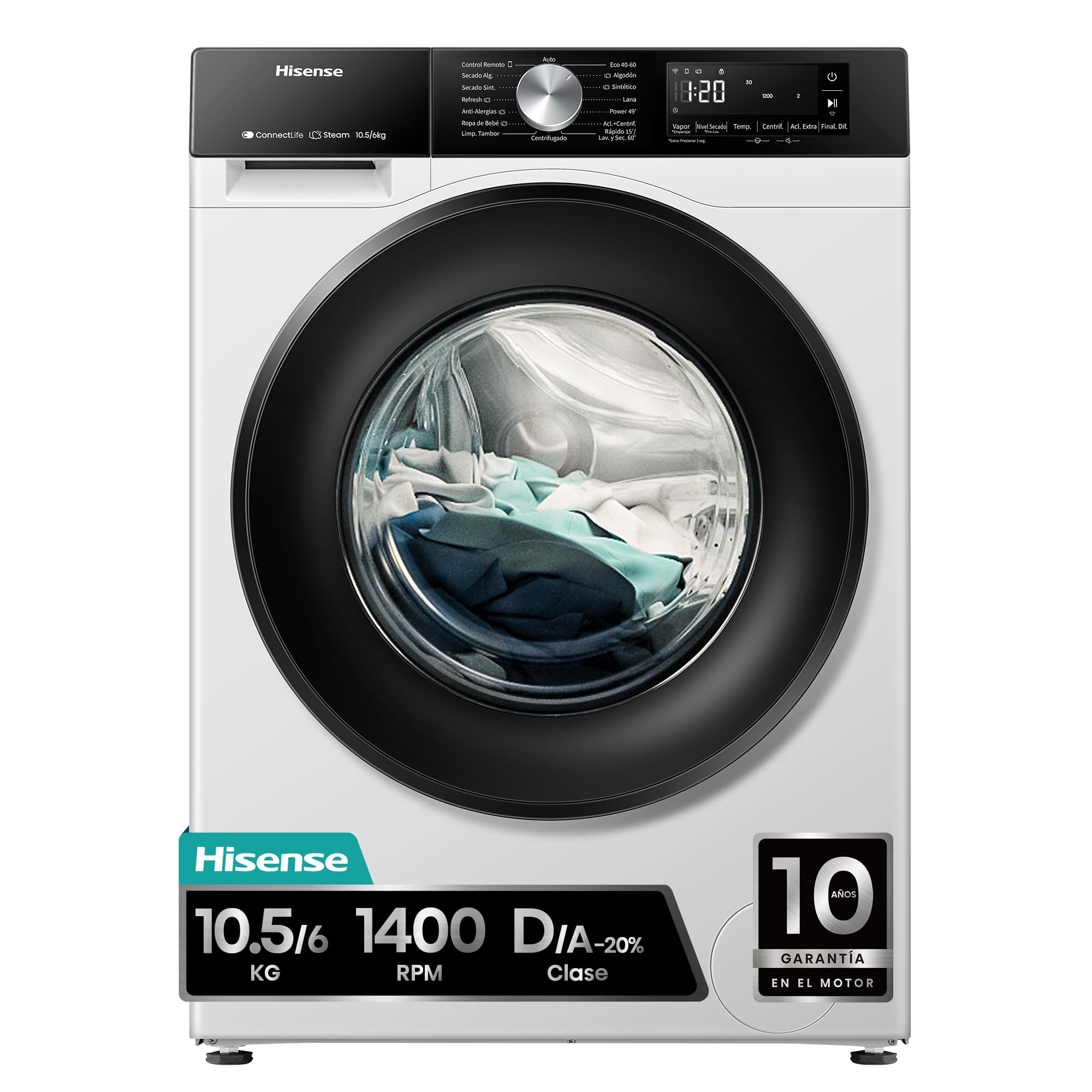 Hisense WD3S1043BW3 – Washing Machine Dryer 2 in 1 with Steam, Class D/A, Front Load 10.5 kg Wash, 6 kg Dryer, WiFi Connectivity, Assisted Programming, Consumer Monitor, Series 3S, White
