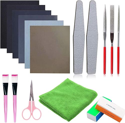 Woohome Juego de herramientas de fundición de resina de 17 piezas, archivos de 3 estilos, papeles de arena, bloques de pulido, paño de pulido,