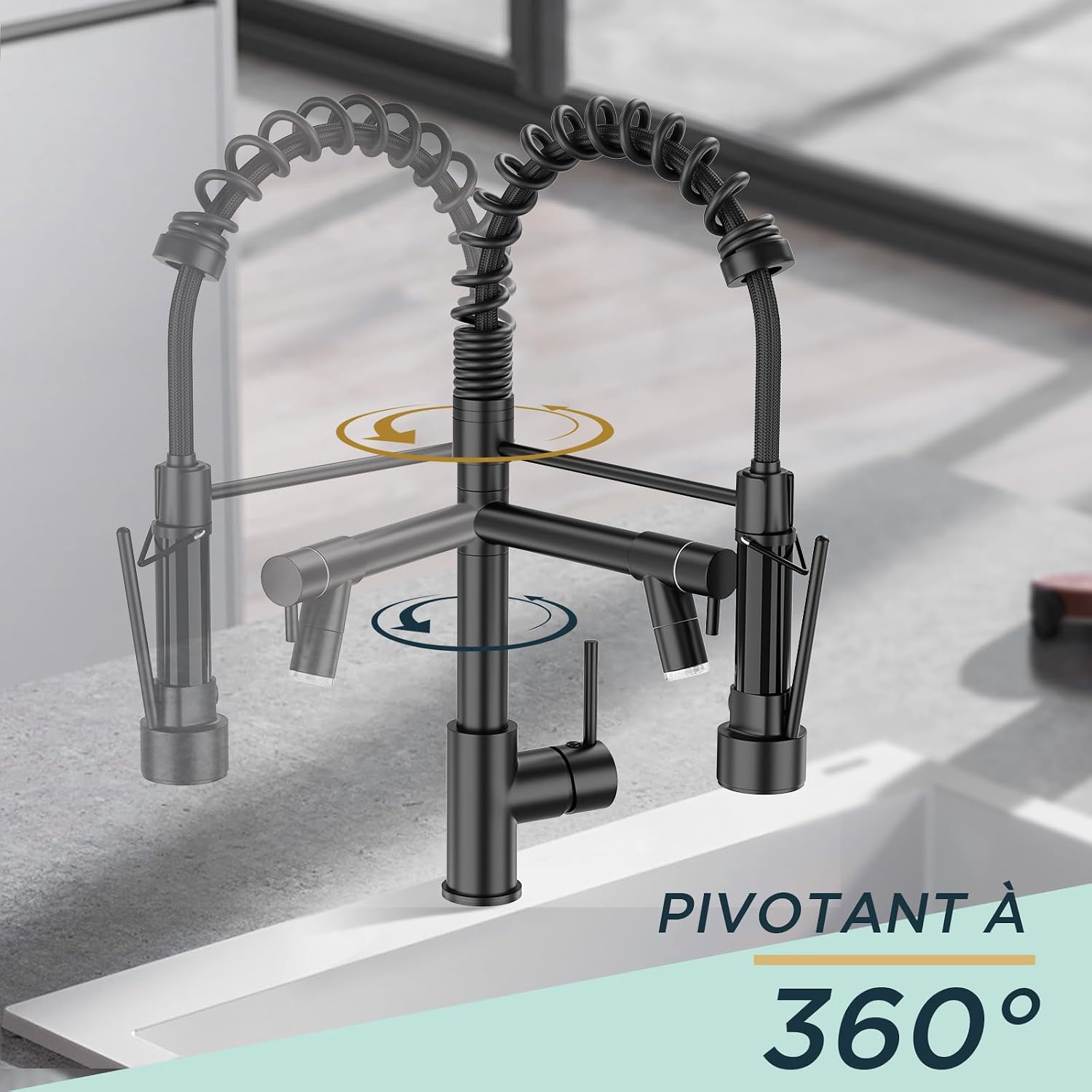 Diagram showing the 360-degree swivel capability of the faucet's main body and sprayer.