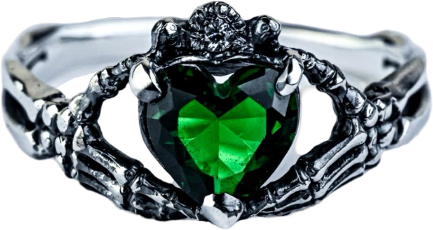 Emerald Green Gothic Skull Rings for Women - Unique Claddagh Rings with Heart Gemstone - Dark Fantasy Jewelry - Ideal Birthday Gift